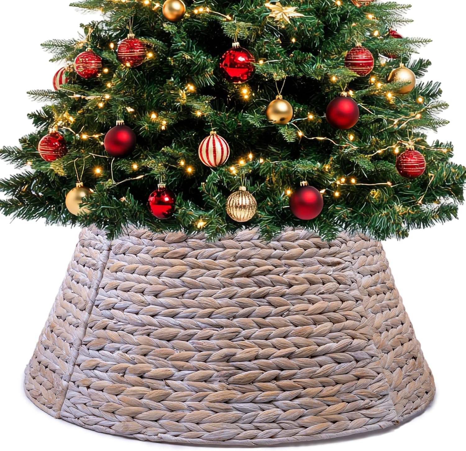 42in Christmas Tree Collar, Christmas Tree Ring Adjustable Water Hyacinth Skirt, Christmas Tree Skirt for Decoration, Base Protection from Pets (White)