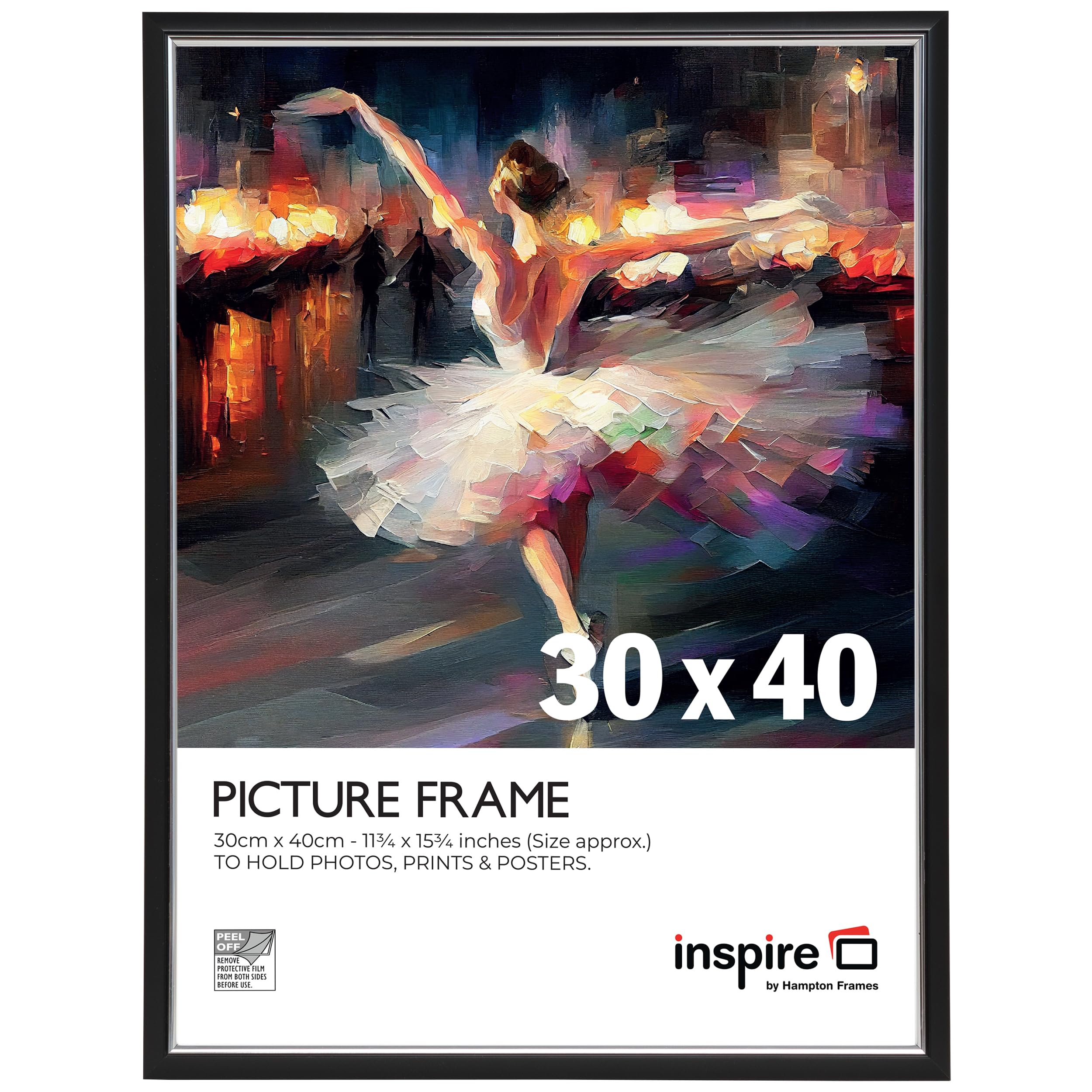 Inspire By Hampton Frames Black | Picture Poster Frame | 30X40cm, Plastic, Foil Wrapped | Acrylic Front, Wall Mount, Drop-In Back | Display Photos, Certificates, Posters