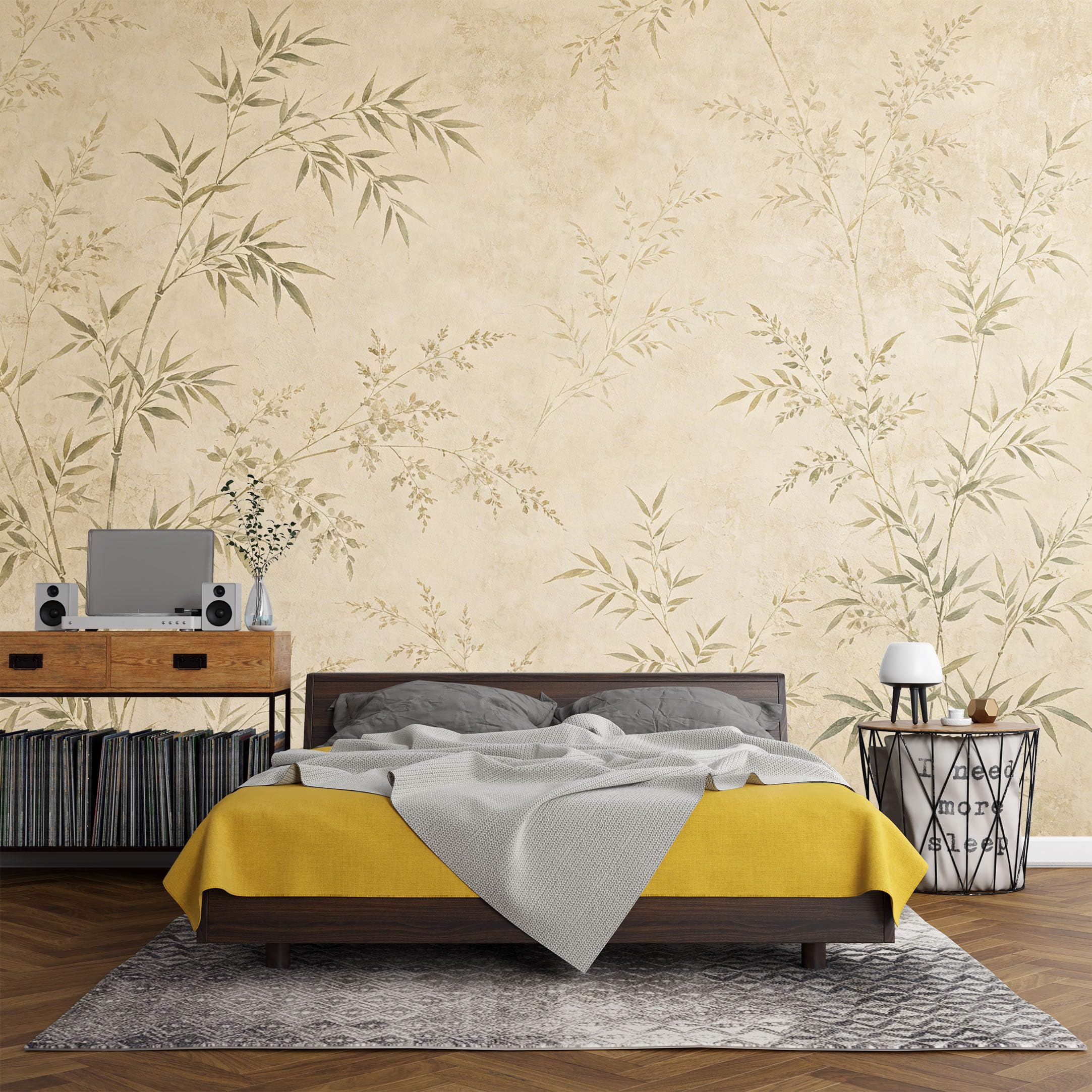 Custom Size Wall Mural， Botanical Bamboo Leaf Watercolor Minimalist Asian Style，SelfAdhesive Art Prints wall Fabric (No PVC) Removable Wallpaper Living Room Decor