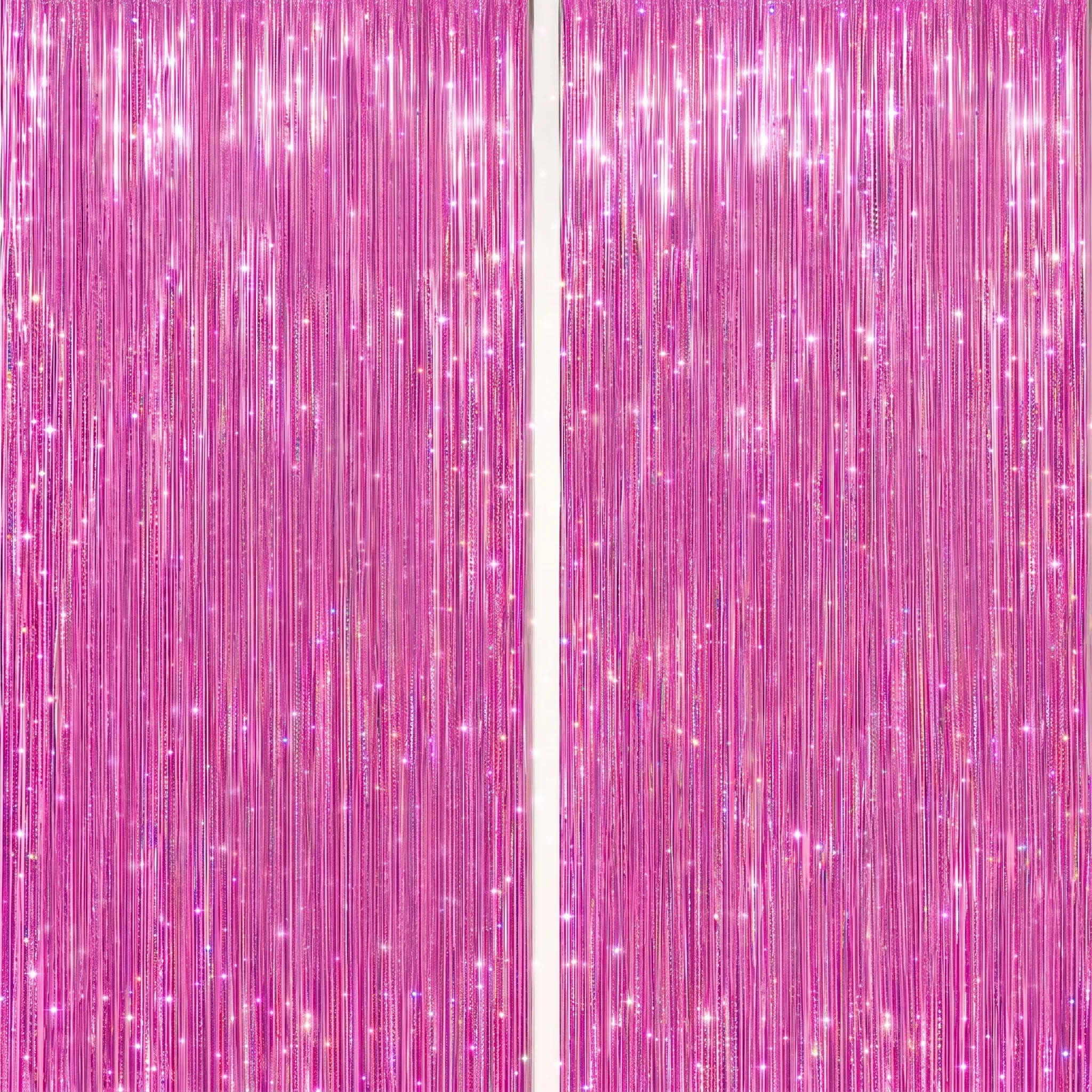 DECOCKRAT 2 Pack Foil Fringe Backdrop - Laser Pink Shiny Tinsel Curtains for Party Decoration/Photo Booth Props - 3.3x6.6 FT Metallic Foil Backdrop for Birthday, Wedding, Graduation, Christmas.