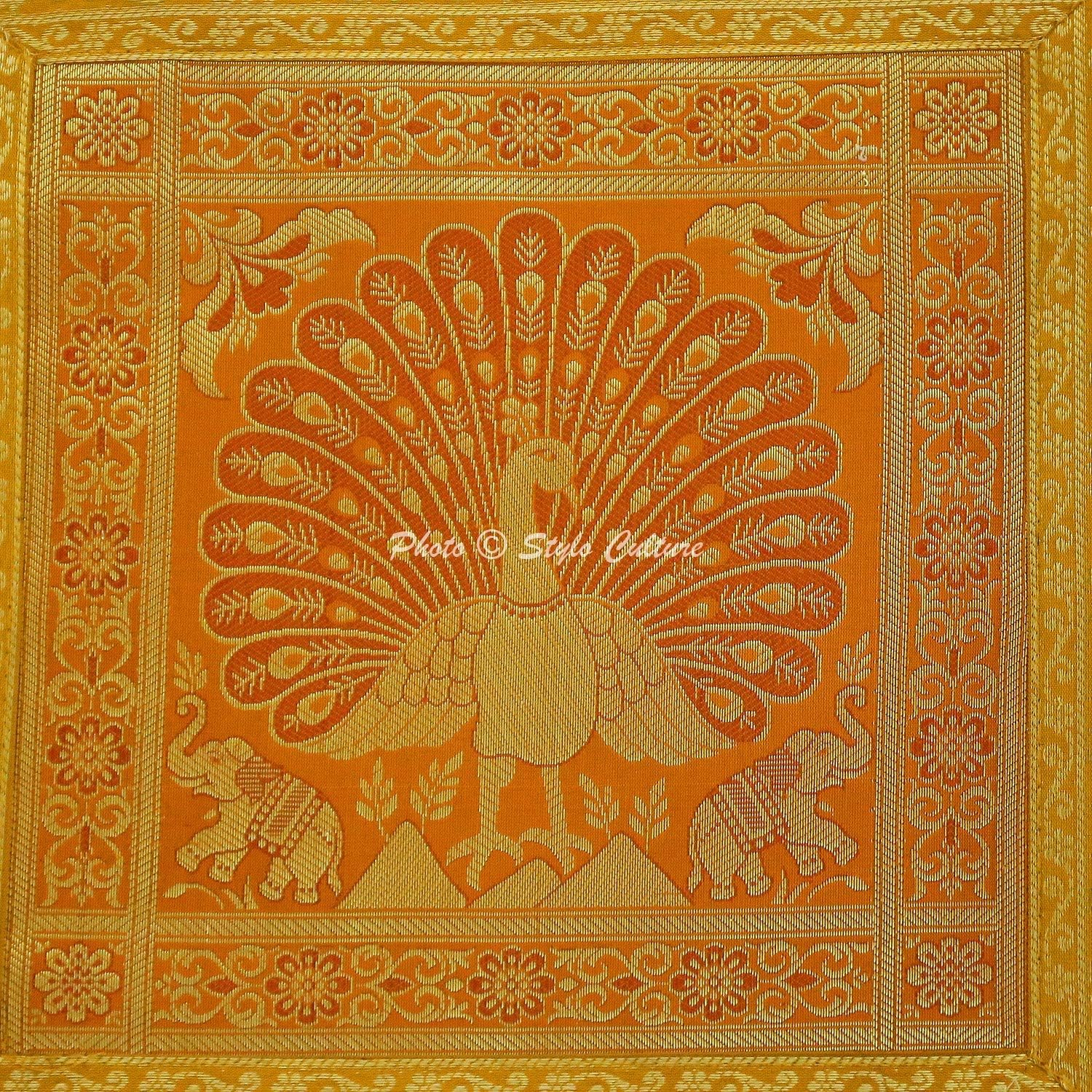 Ethnic Decorative Couch Sofa Toss Throw Pillow Cases 40x40 cm Brocade Bedroom Mustard Yellow Peacock Jacquard Square Luxury Zippered Bohemian 16x16 Inch Cushion Covers - 5 Pcs