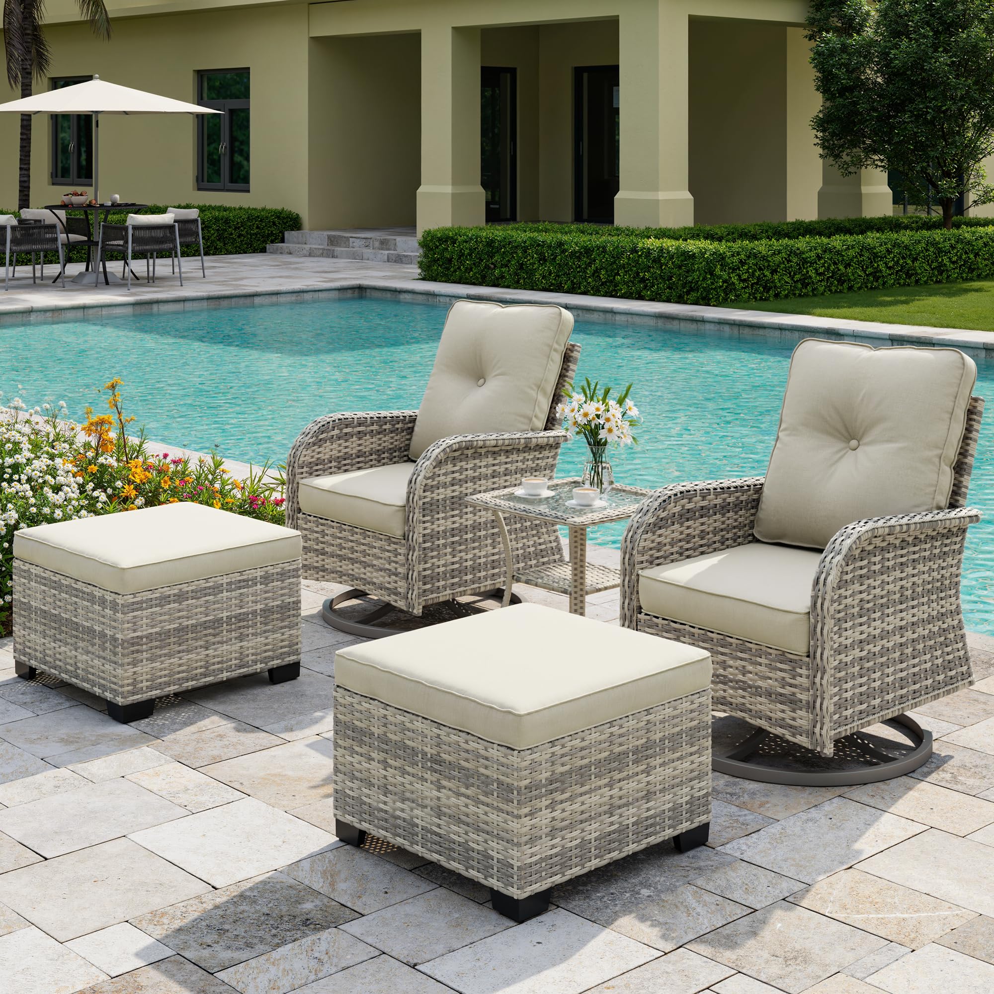 5-Piece Small Patio Furniture Set, Outdoor Swivel Rocking Chairs Set with Ottomans, Patio Bistro Set for Balcony, Deck, Porch,Ivory