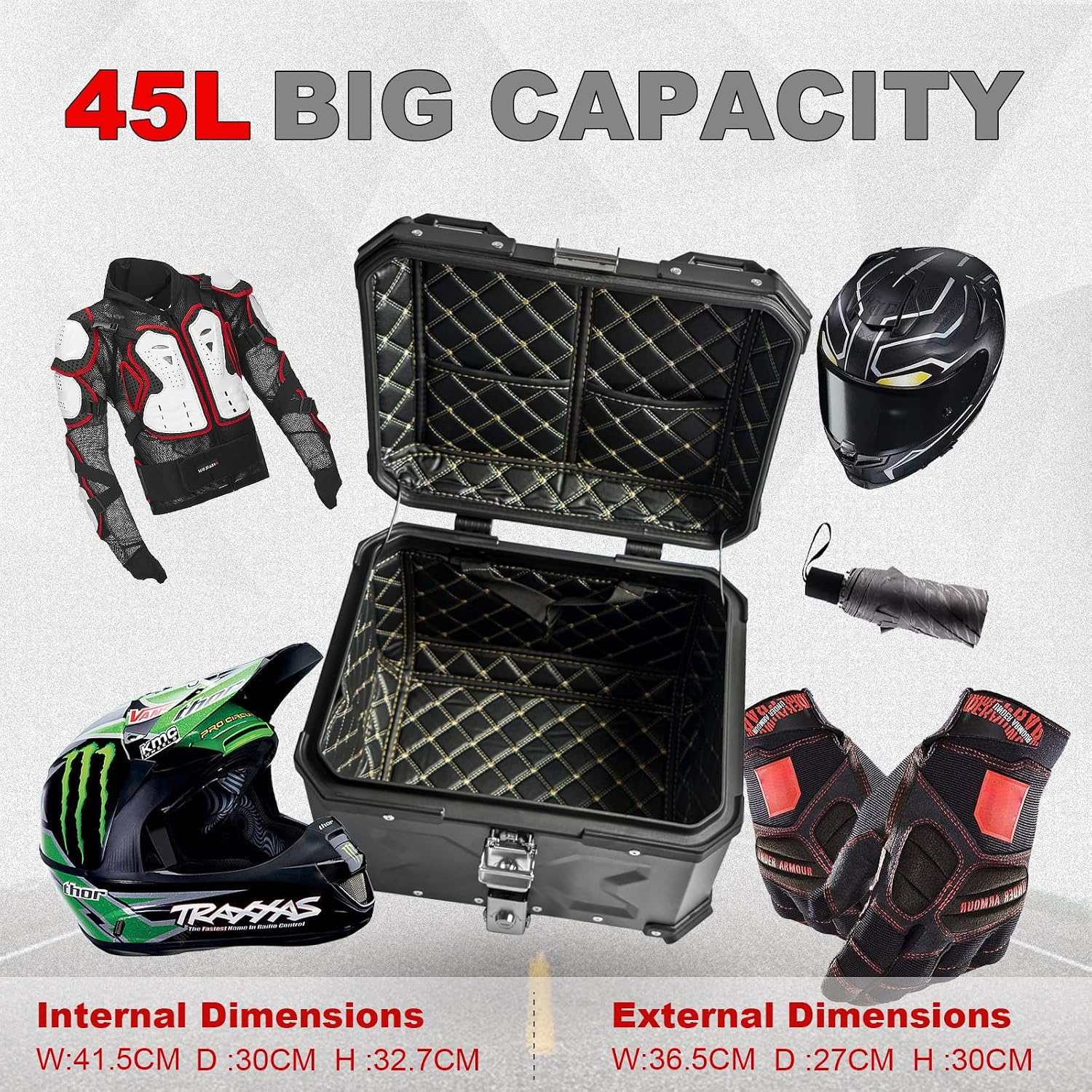 Universal Motorcycle Top Case,45L Motorbike Tail Box Trunk Tour Storage Carrier Case with Backrest, Security Lock and Handle for Helmet Luggage,Black