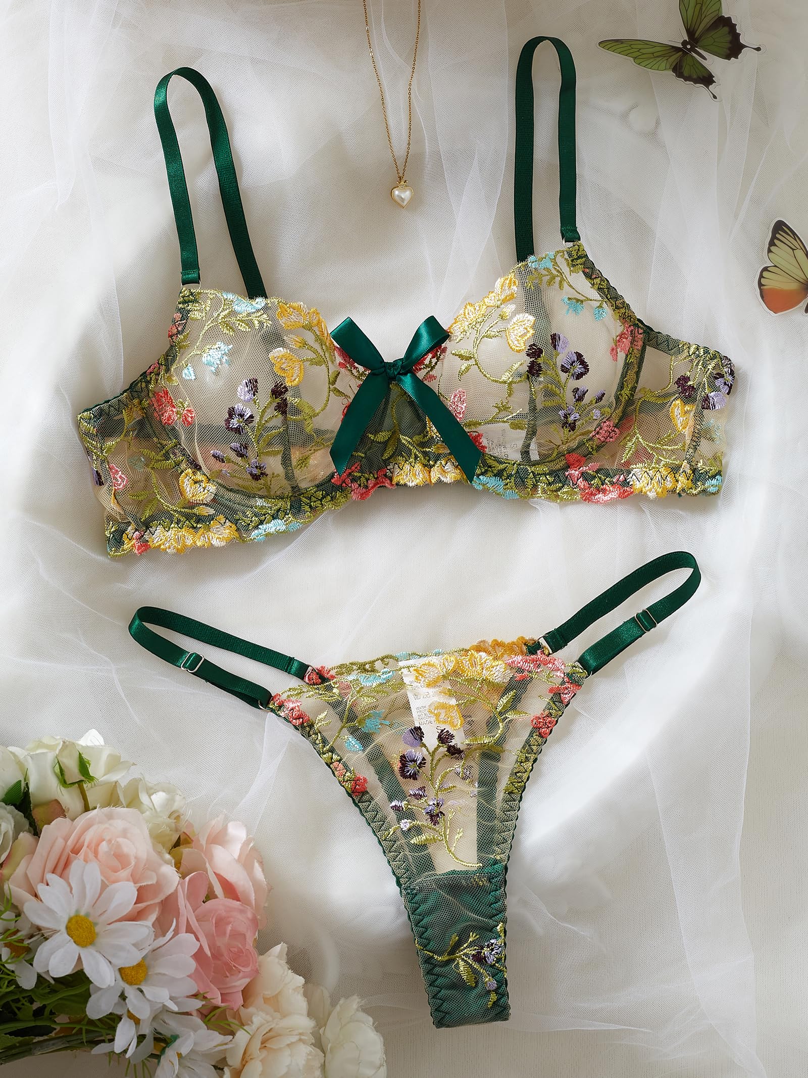 Aimedalis Sexy Floral Embroidered Flower Mesh Underwire Push Up Lingerie Set