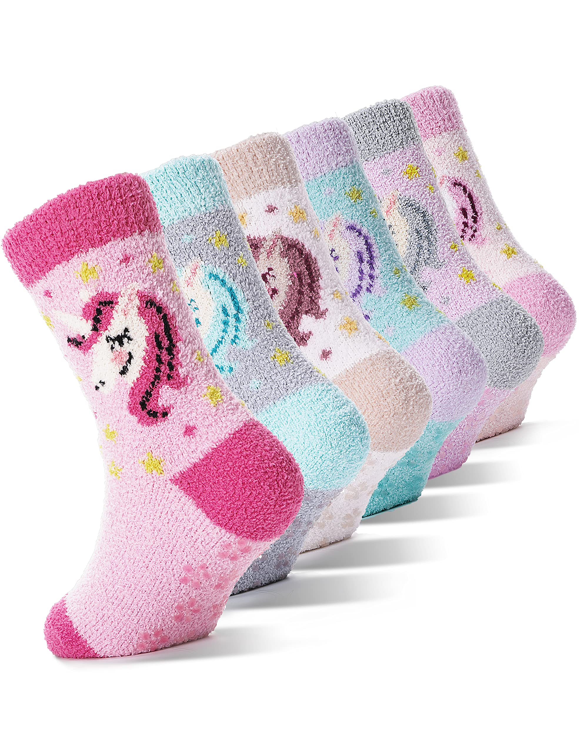 EBMOREGirls Kids Toddler Fuzzy Socks with Grips Non Slip Slipper Socks Crew  Cabin Cozy Fluffy Hospital Warm Winter Socks Pairs - Main Image