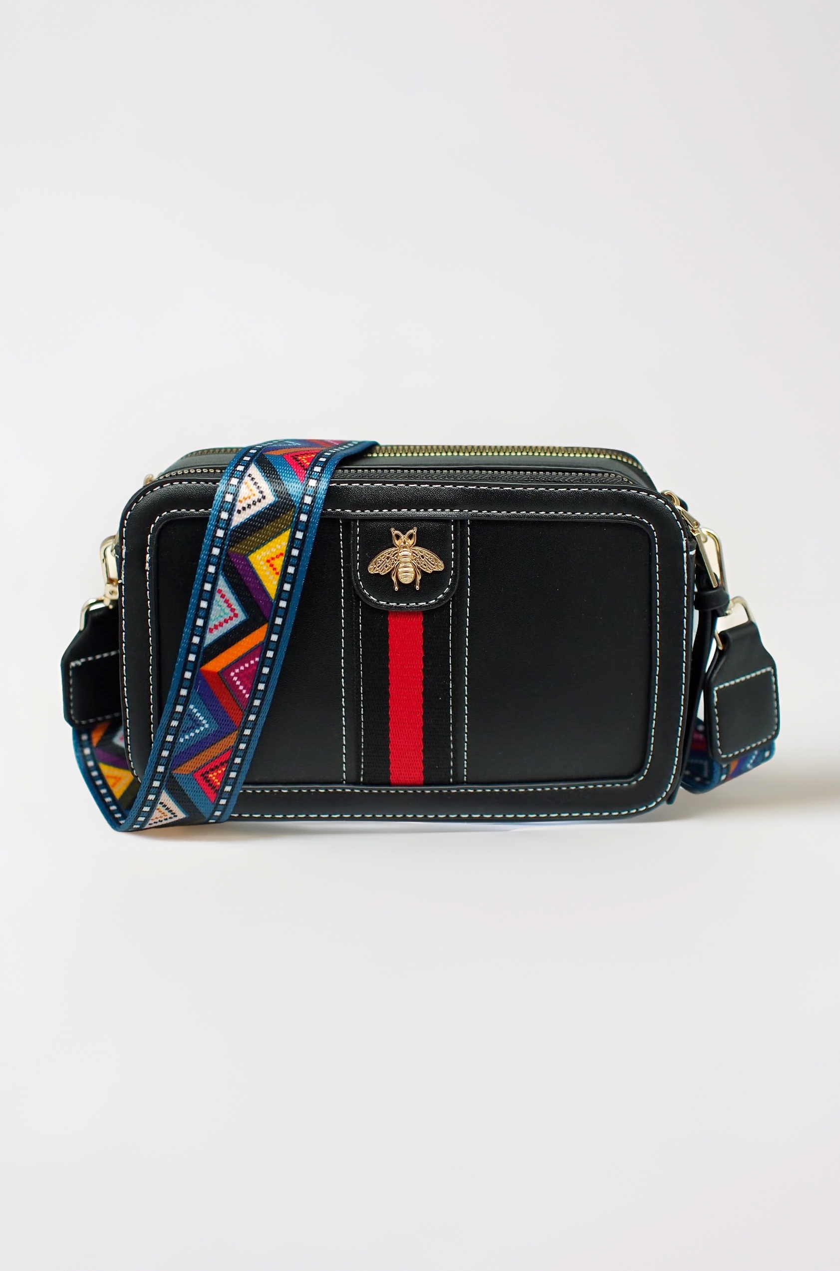 Beatfull Designer Crossbody Bag Bee Shoulder Purse for Women Trendy Wide Strap Camera Clutch PU Leather Handbag, Black, Large