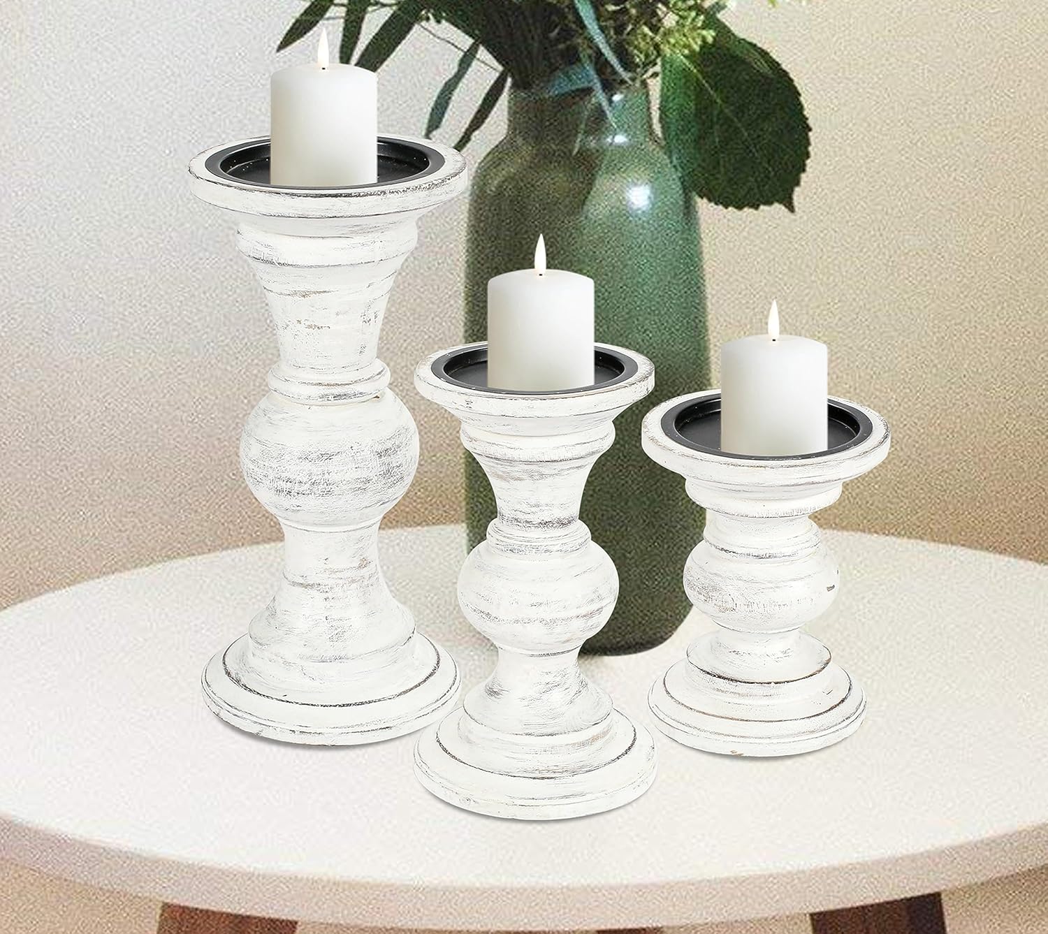 Candle Stands Wooden for Pillar Candles,Rounded Turned Colums, Sustainable Woods, Country Style, Ideal for Reiki, Aromatherapy, Votive Candle Gardens Home décor - 10,8,6 Inch Set of 3 - Antique White Antique White 10,8,6 Inch Mid Rib