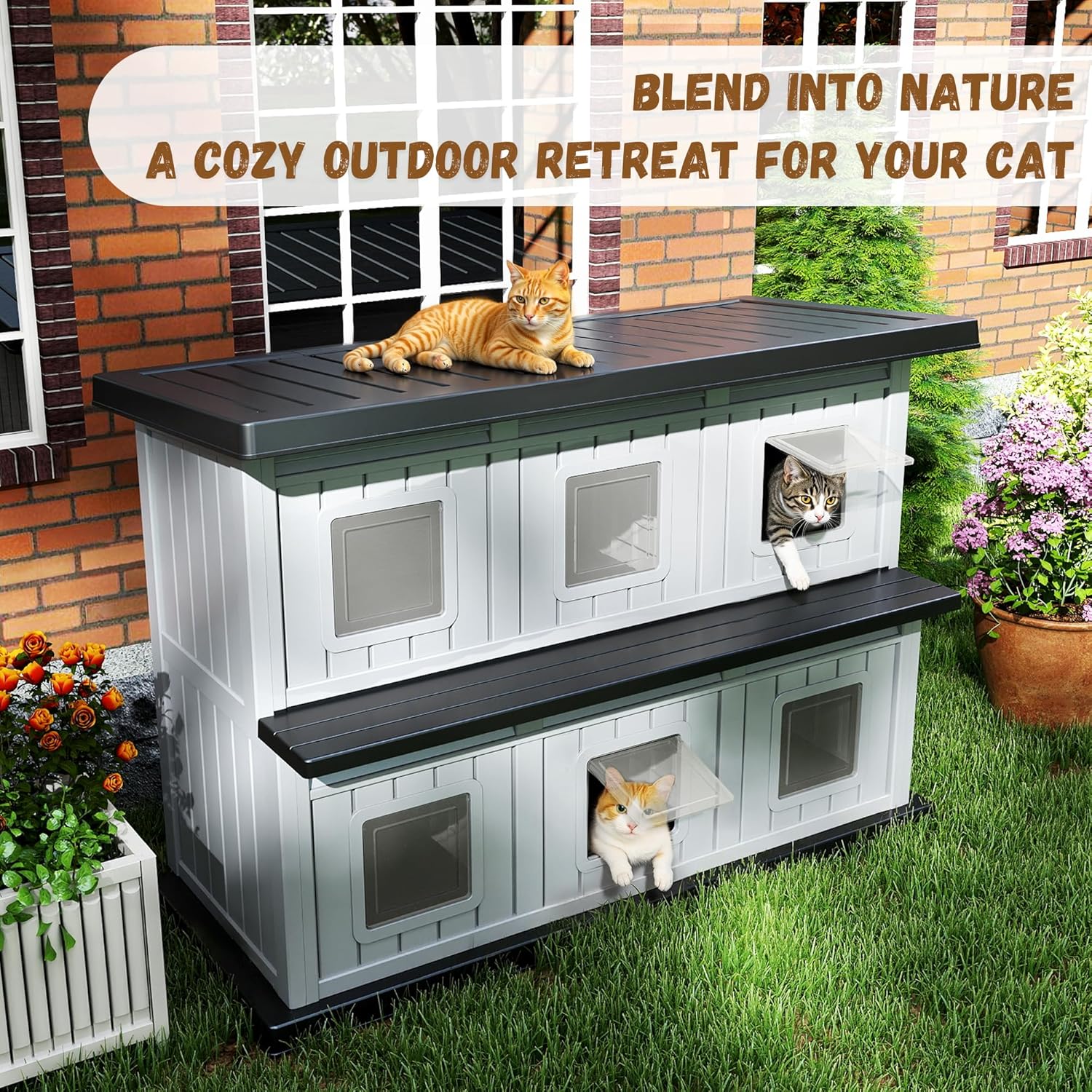 Insulated Outdoor Cat House Weatherproof, Large Outside Feral Cat Houses for Outdoor Cats, Double-Decker Cat Shelter with Adjustable Window & Balcony, Easy to Clean (Black, 51.97"*26.42"*37.28")