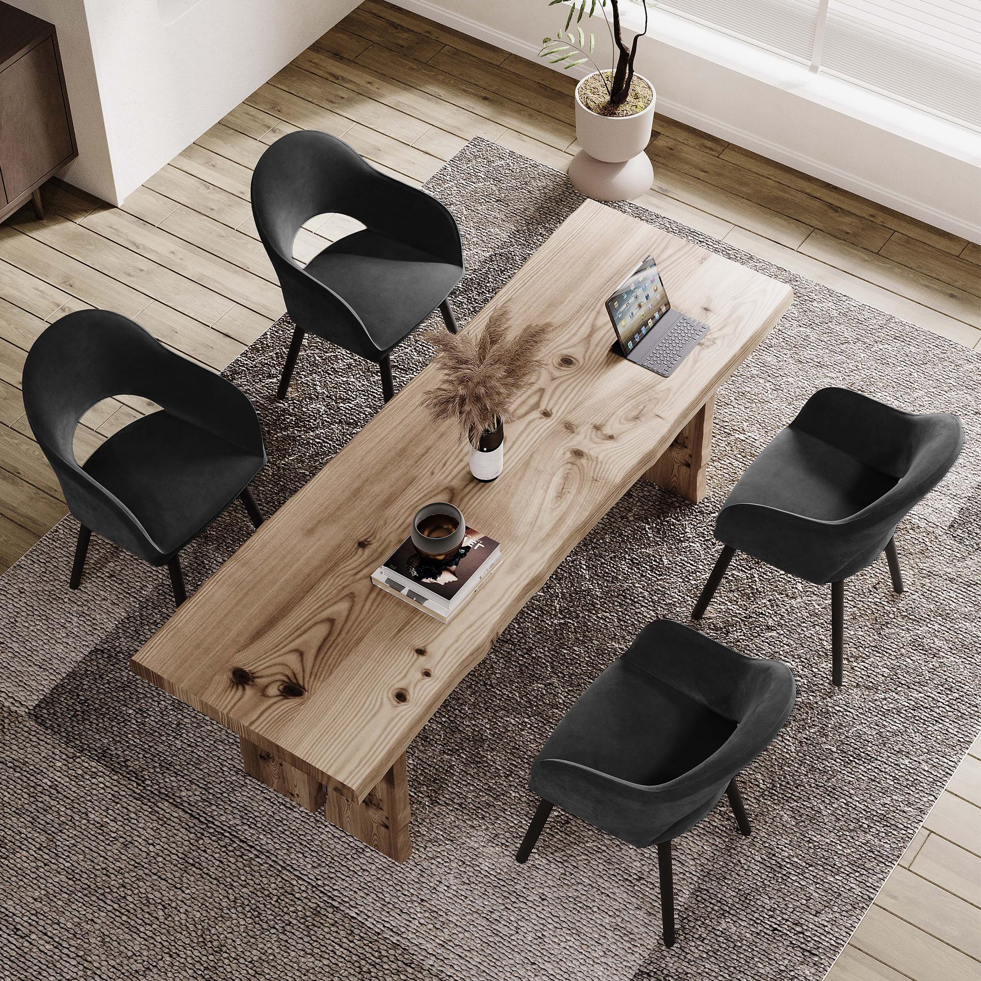 Juego de 4 Sillas de Comedor con Reposabrazos, Sillas Tapizadas para Salón y Cocina, Sillones Modernos con Patas de Madera - Negro