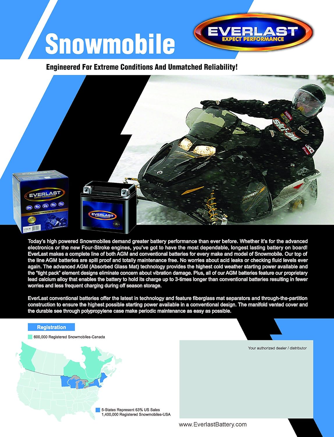 EverLast battery with a snowmobile.