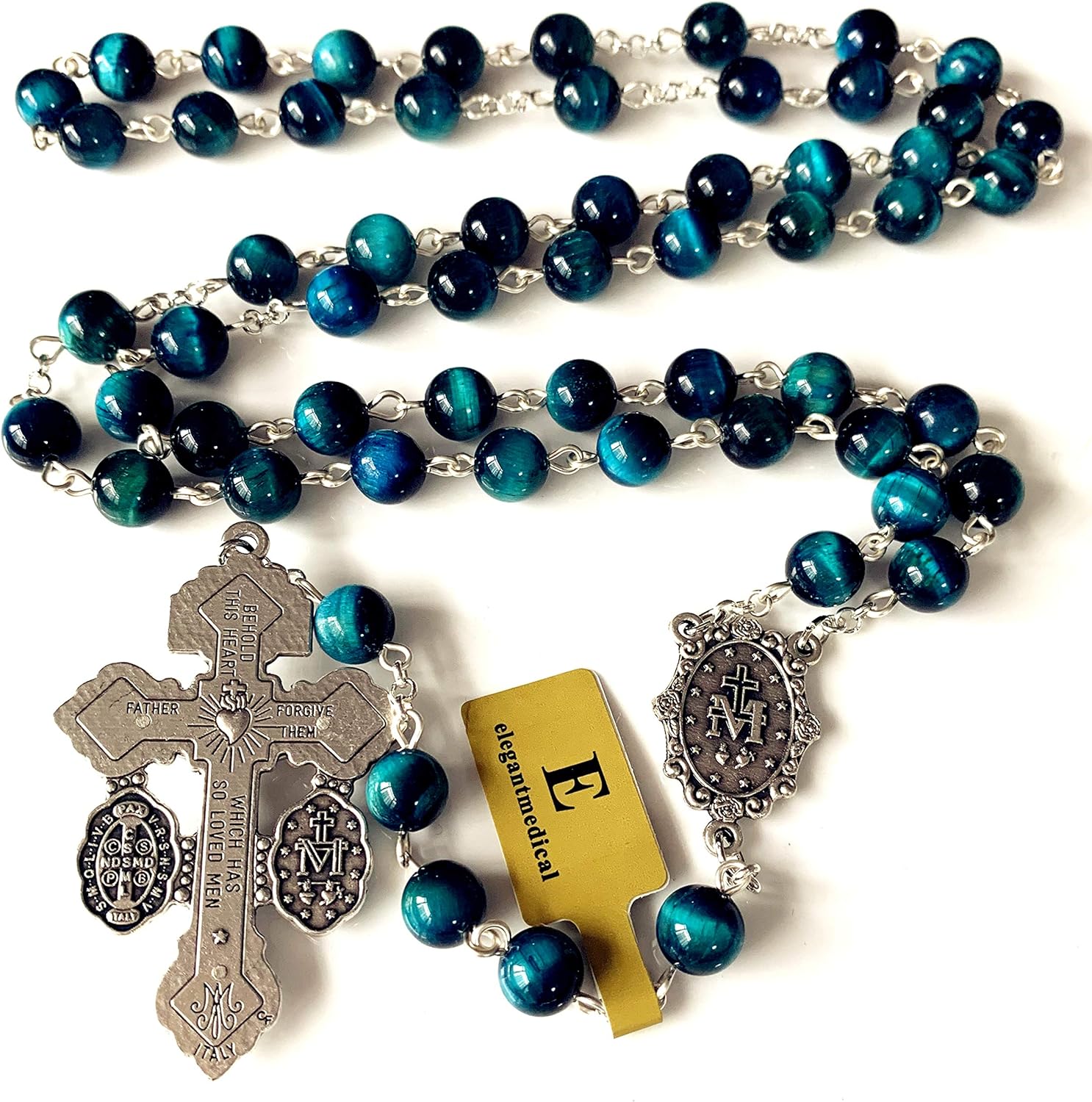 elegantmedical Handmade Peacock Blue Tiger Eye Beads Our Lady of Grace Rosary Peacock Cross Necklace Catholic Gifts - Image 3