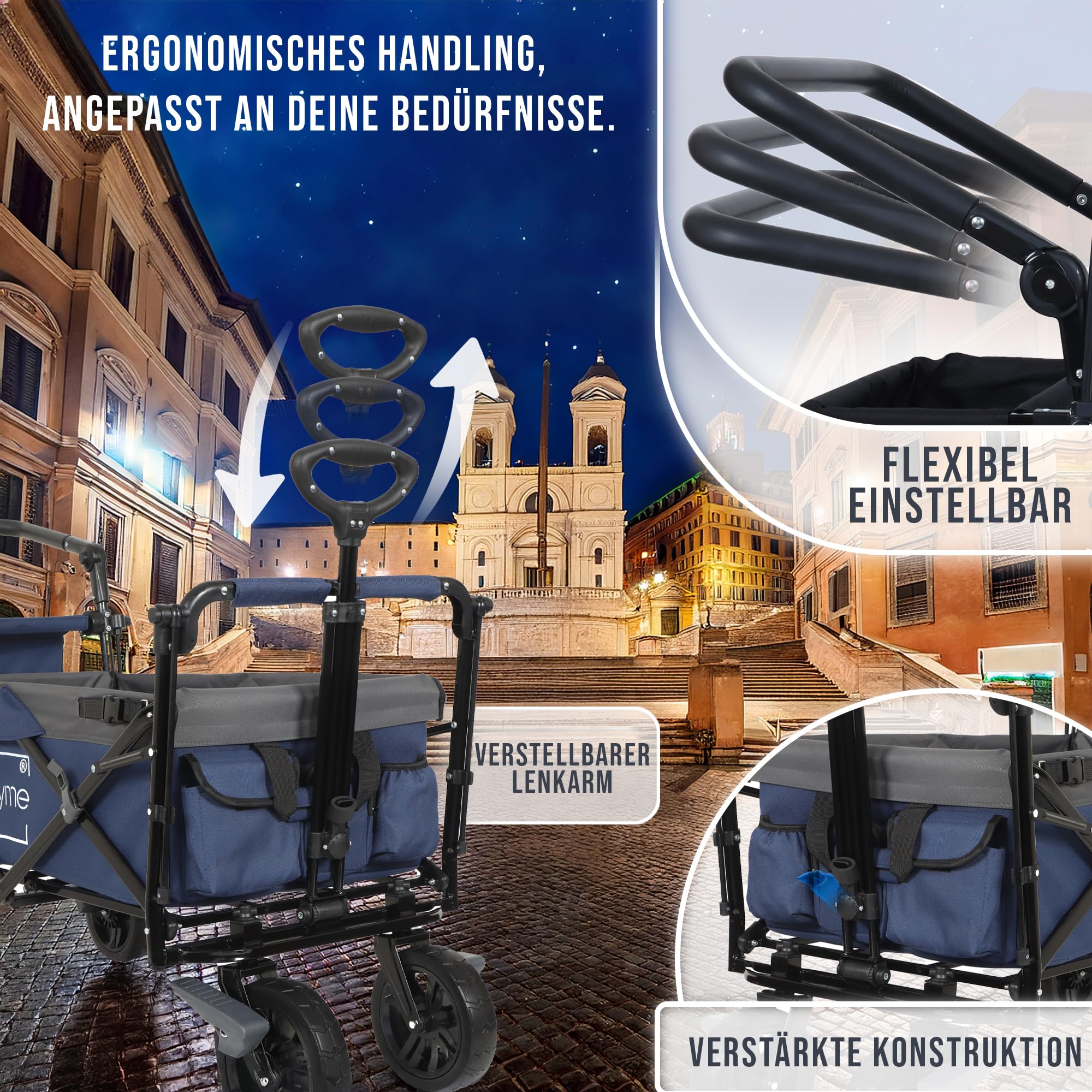 byme Bollerwagen faltbar mit Dach, 150 kg, Picknick-Set und Bremsen