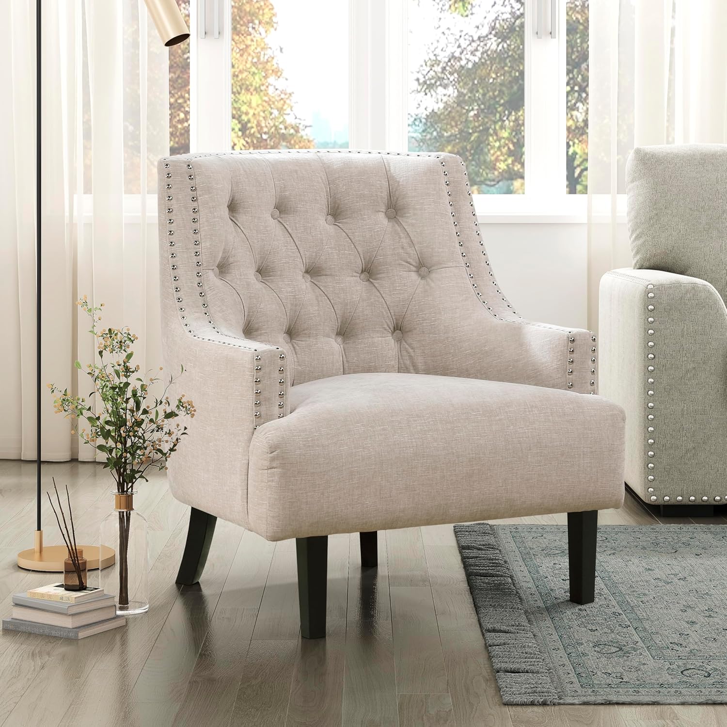 Lexicon Accent Chair Reading Chair Comfy Chair for Bedroom, Upholstered Armchair with Solid Wood Frame, Tufted Cushion Nail Head Trim, Single Sofa Chair for Living Room, Office, Taupe Chenille