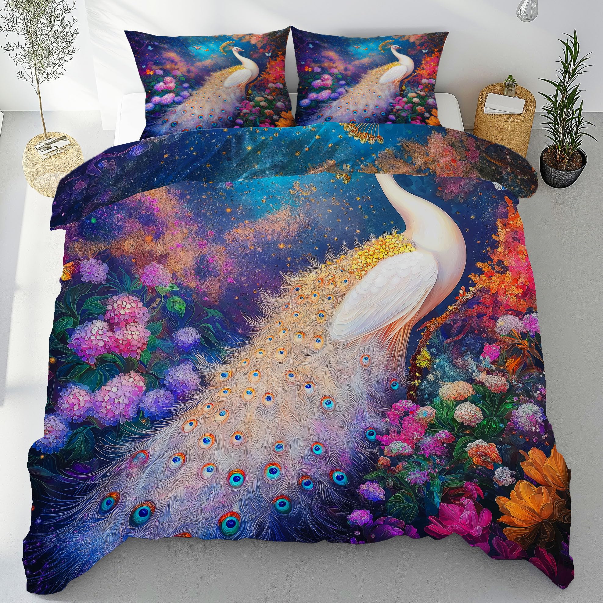 Housse de Couette 240x260 Anti-Transpiration Parure de Lit Zippée Microfibre Motif Paon Floral