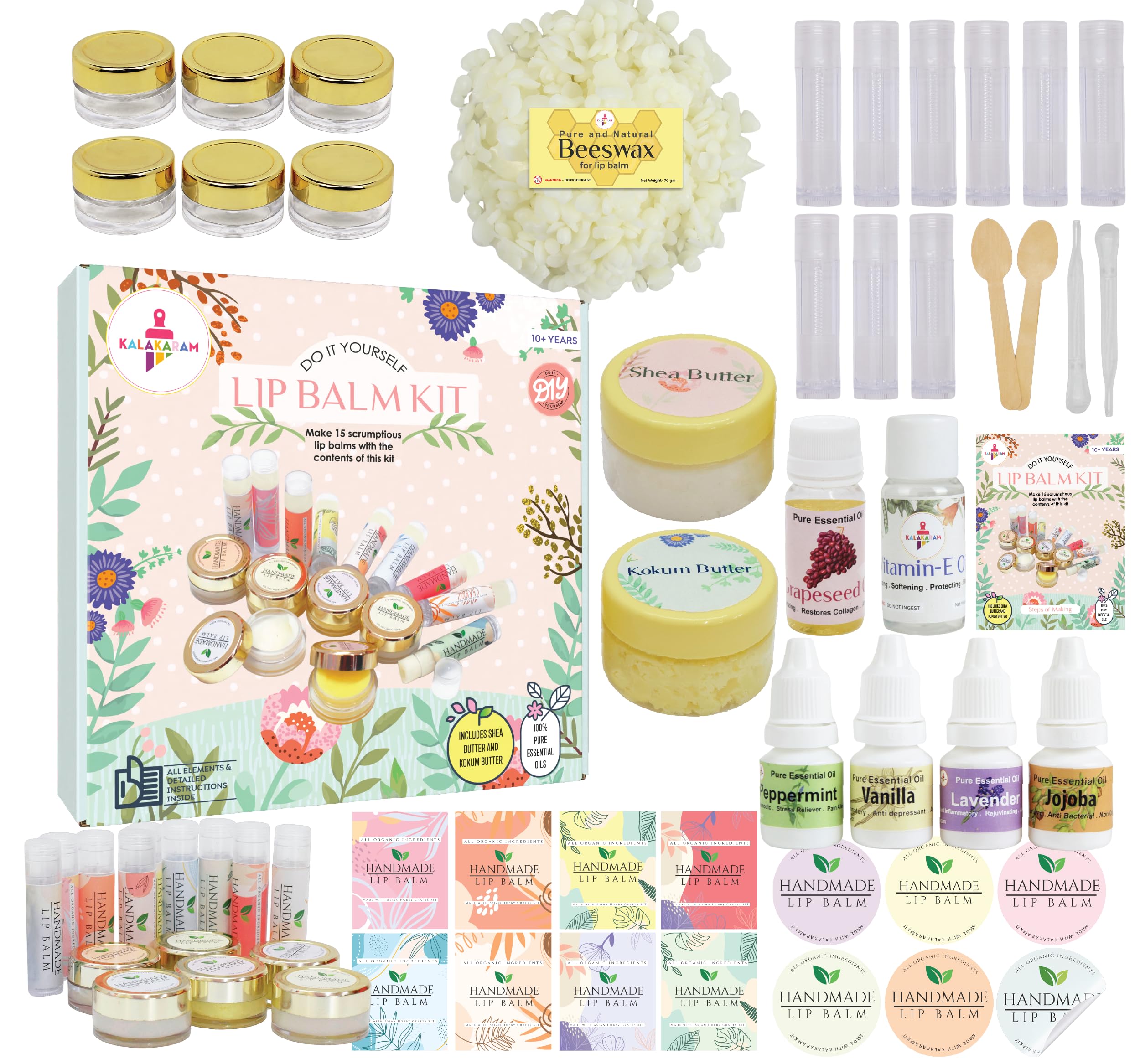 Kalakaram DIY Lip Balm Making Kit - Make 15 Lip Balms with Shea Butter, Kokum Butter, Beeswax, Vitamin E Oil, Grape seed Oil and 4 Pure Essential Oils, DIY Kit for Kids, Activity Kit for Kids