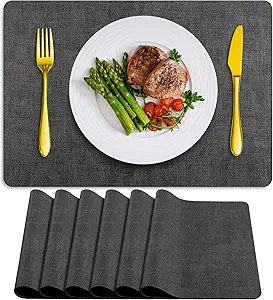 Placemats Set of 6 Washable, Heat Resistant Table Placemats Wipeable Faux Leather Place Mats Non Slip, Waterproof Square Table Mats for Indoor Outdoor, Charcoal Gray