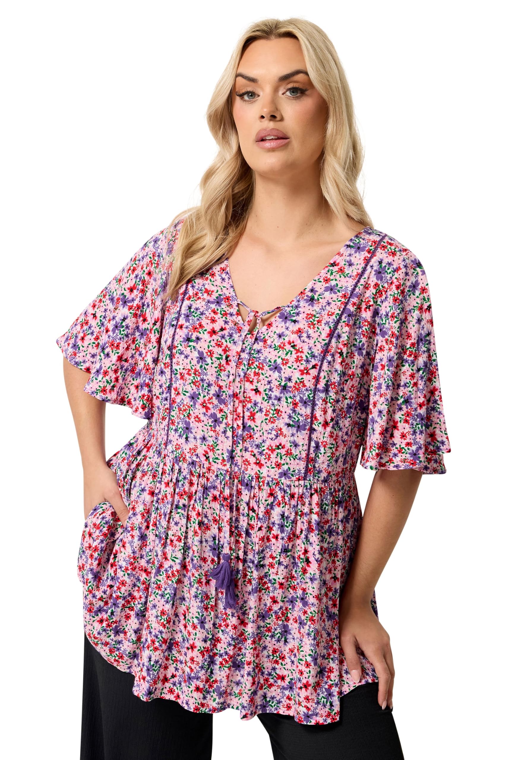 Yours Women's Ditsy Tie Neck Top in Pink | Size: 20