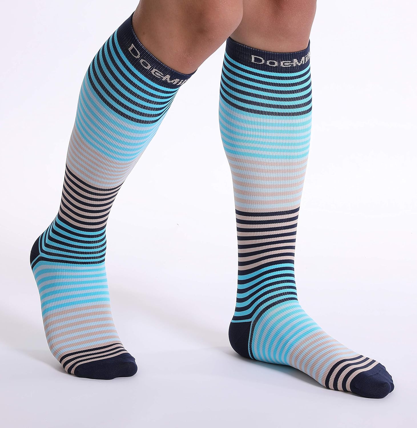 Doc Miller Compression Socks for Women and Men 15-20mmHg, Knee High Compression Socks for Recovery from Shin Splints, Swelling and Varicose Veins 1 Pair Medium, Grey Blue Stripes