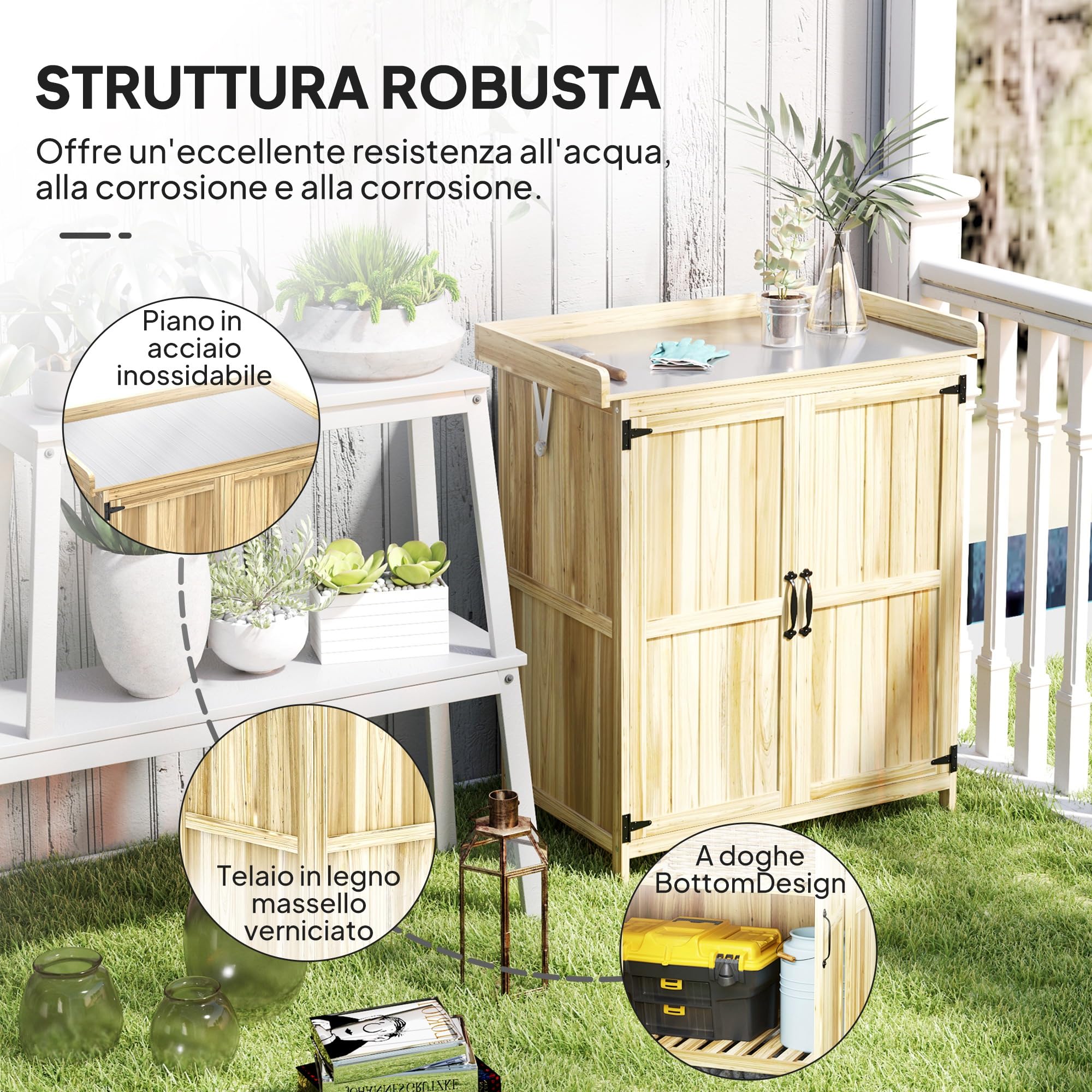 Outsunny Armadio da Giardino in Legno di Abete 74x43x88 cm Color Legno | Casetta Porta Attrezzi da Esterno, 2 Ante Bloccabili, Piano in Metallo, Mensola, per Giardino Patio Prato