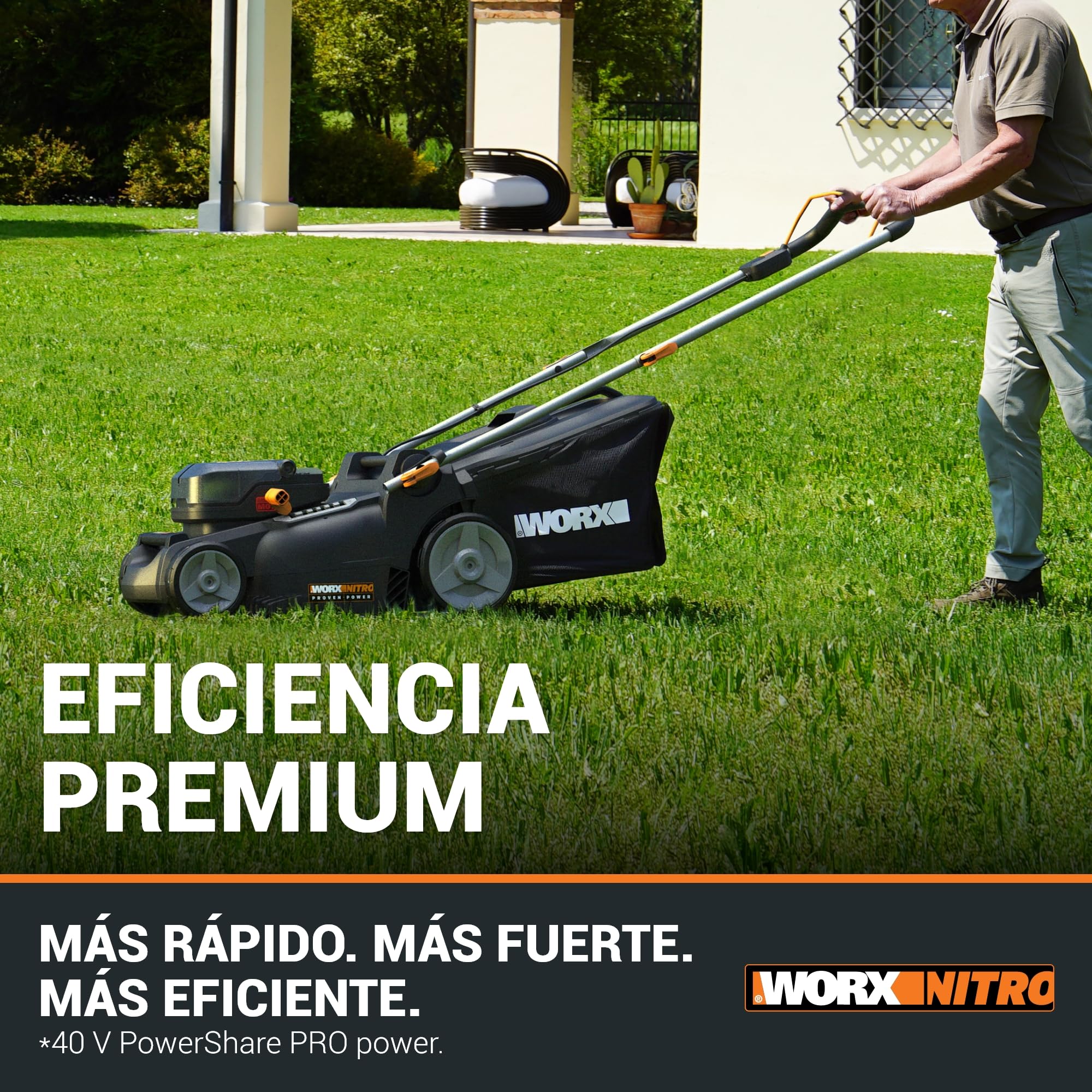 Worx WG737E Cortacésped Nitro Brushless 40V 37cm 2 Baterías | Cortacésped inalámbrico 40V Nitro motor brushless, 37cm corte, 6 alturas, saco 40L. Compatible PowerShare WORX.