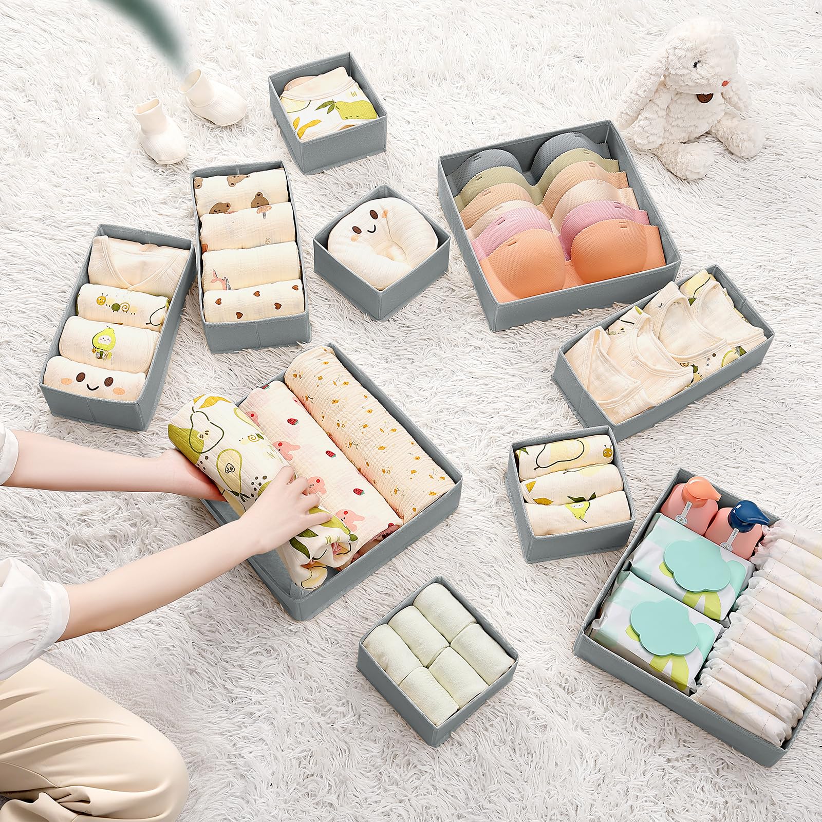 DIMJ Organizer na bieliznę – szuflady na ubrania Drawer organizer do szuflady, 12 sztuk ubrań dla niemowląt, spodni, skarpet, szary