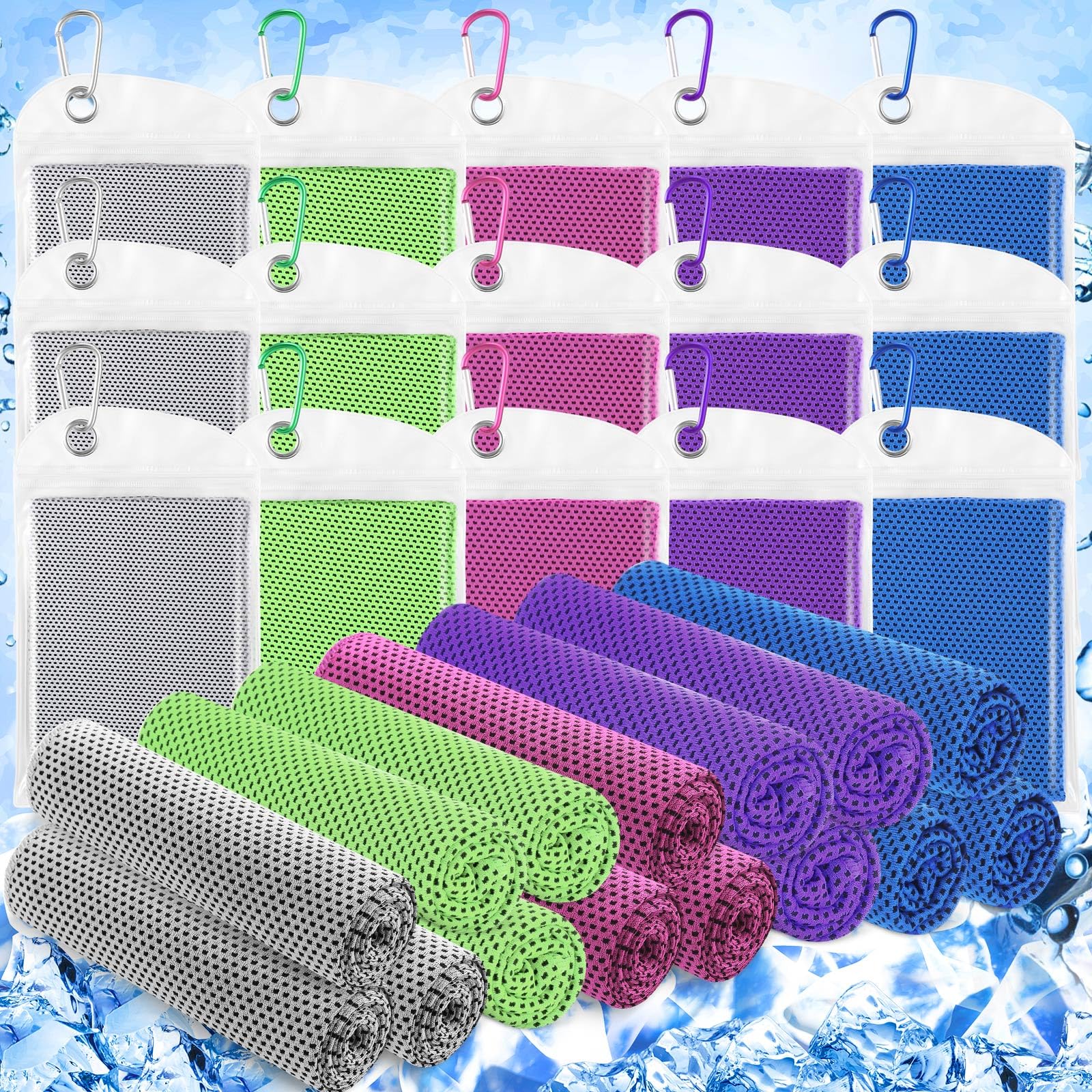 Paquete de 15 Toallas refrescantes de 101,6 cm x 30,5 cm para Cuello y Cara. Toallas de Microfibra Suaves y Transpirables,Ideales para Yoga en climas cálidos (Azul Oscuro,Gris Claro,Verde Brillante,r