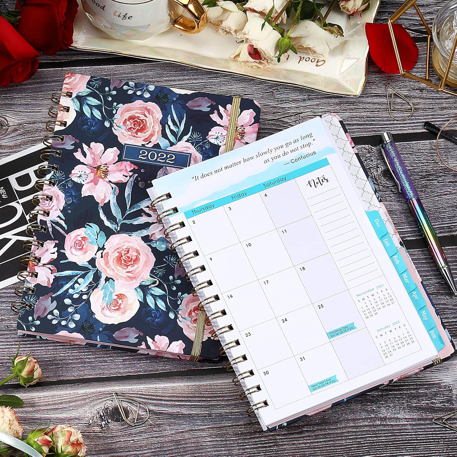 2022 Planner - Planner 2022 Weekly & Monthly with Tabs, 6.3" x 8.4", January - December 2022, Hardcover with Back Pocket + Thick Paper + Twin-Wire Binding - Waterink Floral : Office Products