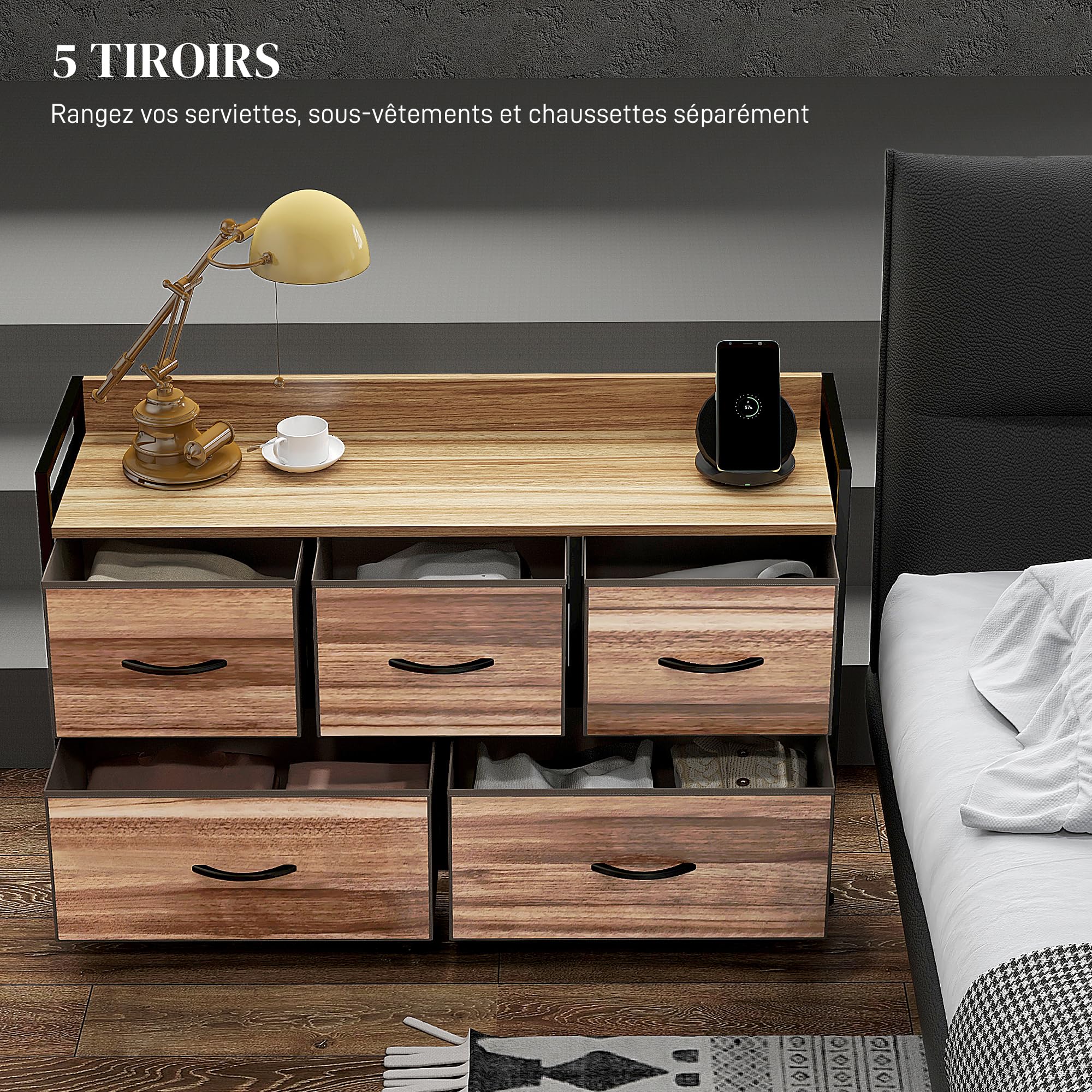 HOMCOM Commode Meuble de Rangement 5 Tiroirs 98x29x63 cm Noir