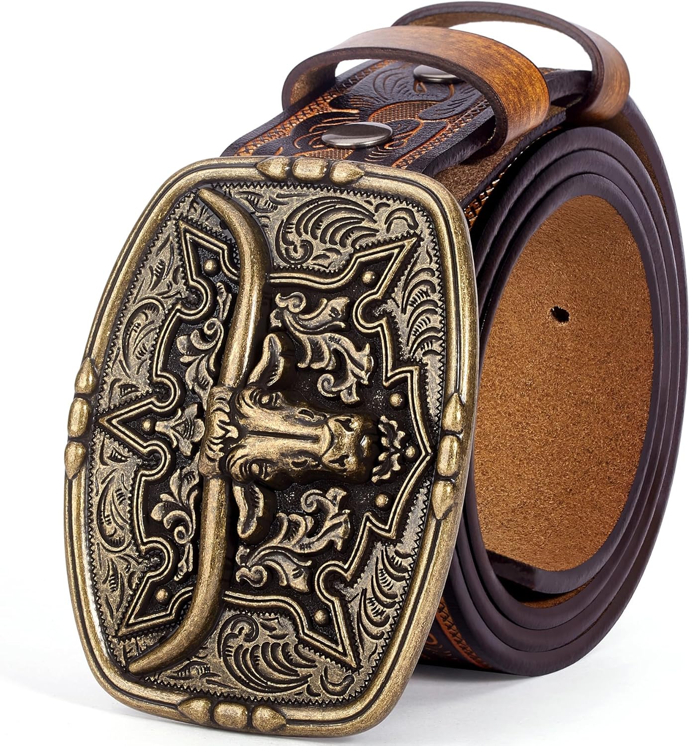 BISON DENIM Men's Western Cowboy Belt with Big Printed Engraved Buckle Strap Adjustable