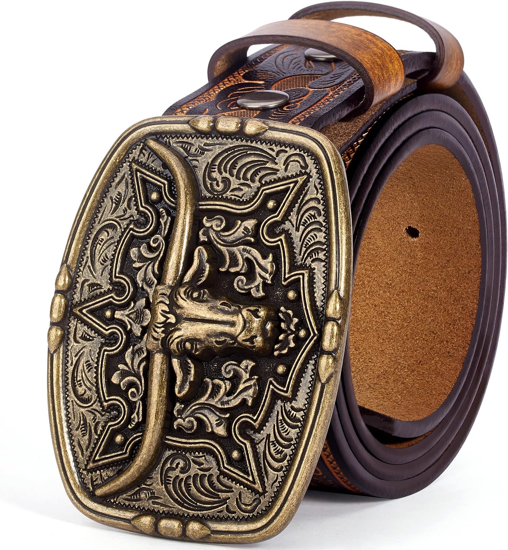 BISON DENIM Men's Western Cowboy Belt with Big Printed Engraved Buckle Strap Adjustable