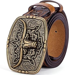 BISON DENIM Men's Western Cowboy Belt with Big Printed Engraved Buckle Strap Adjustable