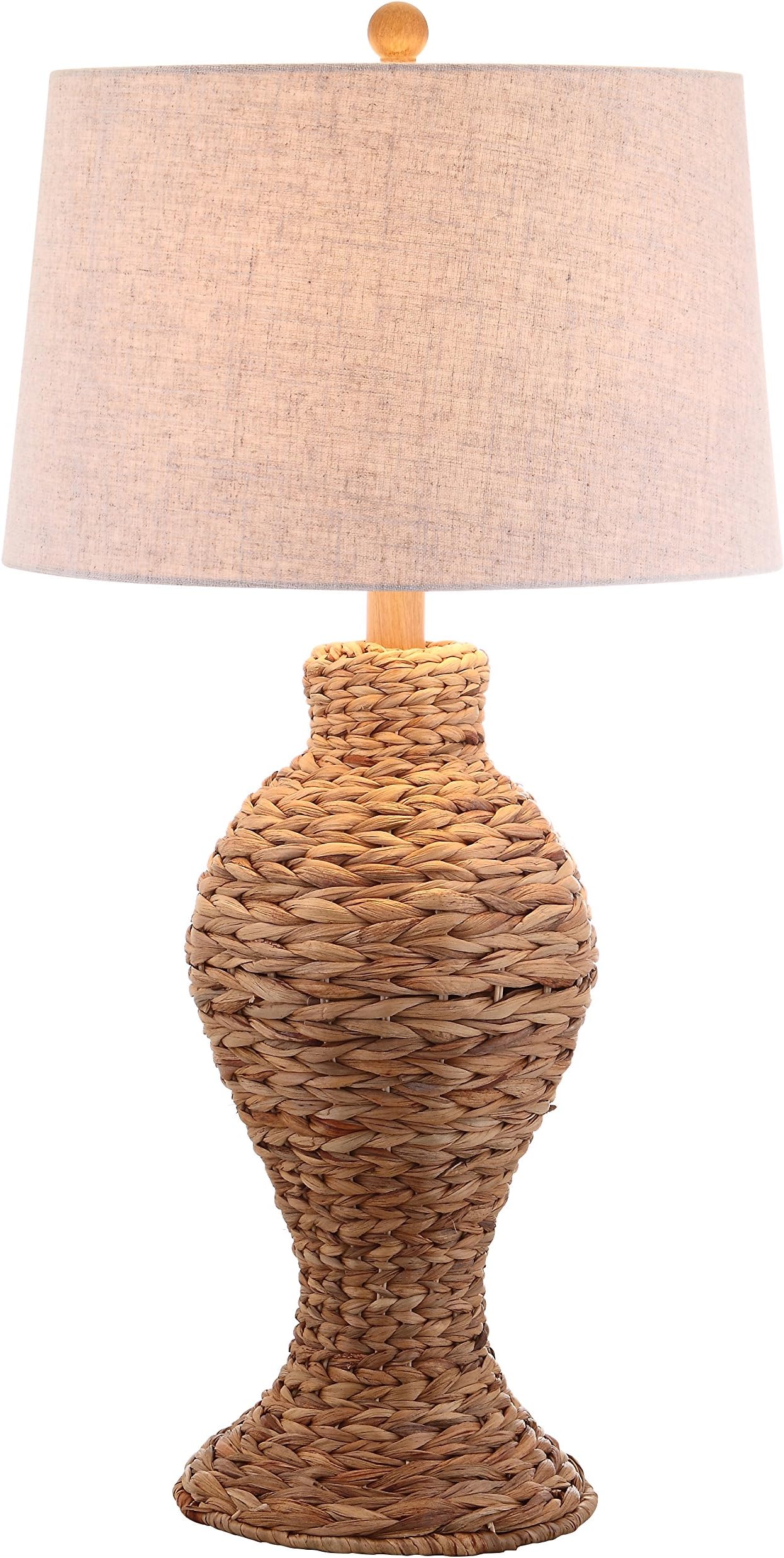 JONATHAN Y 31" Natural Woven Water Hyacinth Table Lamp for Living Room, Coastal Farmhouse Urn Bedside Lamp with Gray Linen Drum Shade, LED Bulb Included JYL1015A