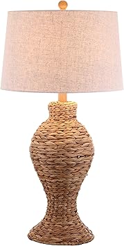 JONATHAN Y 31 Natural Woven Water Hyacinth Table Lamp for Living Room, Coastal Farmhouse Urn Bedside Lamp with Gray Linen Drum Shade, LED Bulb Included JYL1015A
