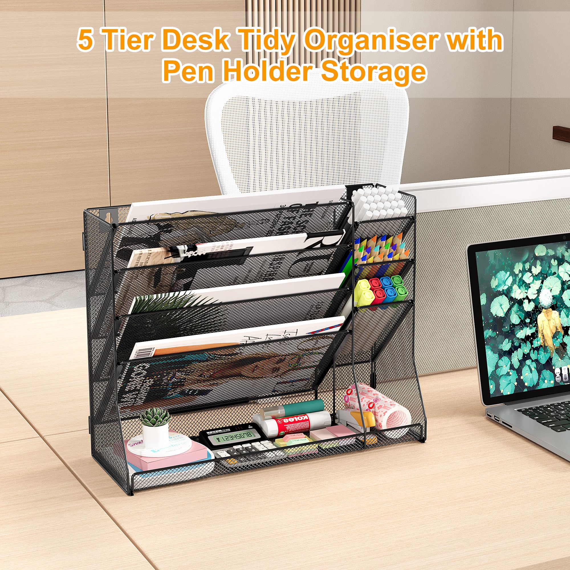 TQVAI 5 Fächer Metall Zeitschriftenhalter Wand Dokumenten Organizer mit 3 Stiftehalter A4 Papier Flyerhalter Postsortierer Dokumentenablage für Büro Zuhause Schule, Schwarz