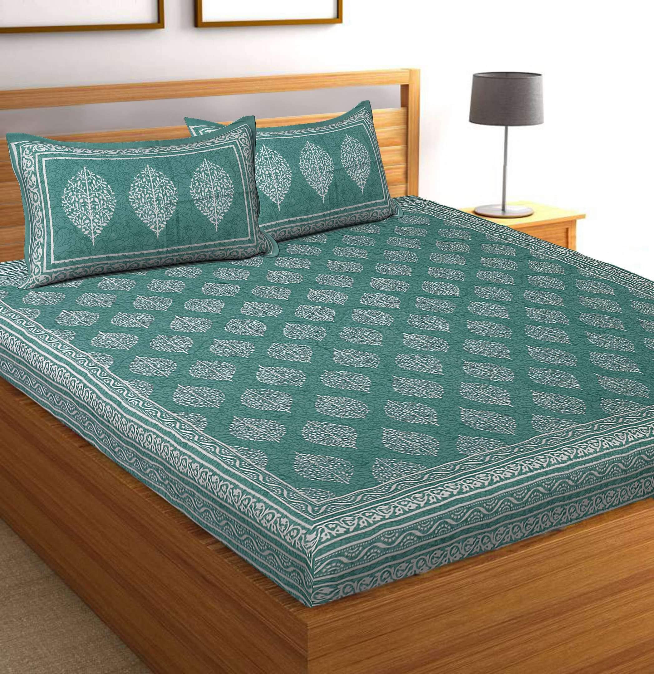 ABHI IMPEX® 100% Cotton Double bedsheet Bedspread Queen Size Rajasthani Jaipuri Traditional Sanganeri Buta Batik Design Bed Cover with Pillow Covers (90 X100 inch) (SEA Green)