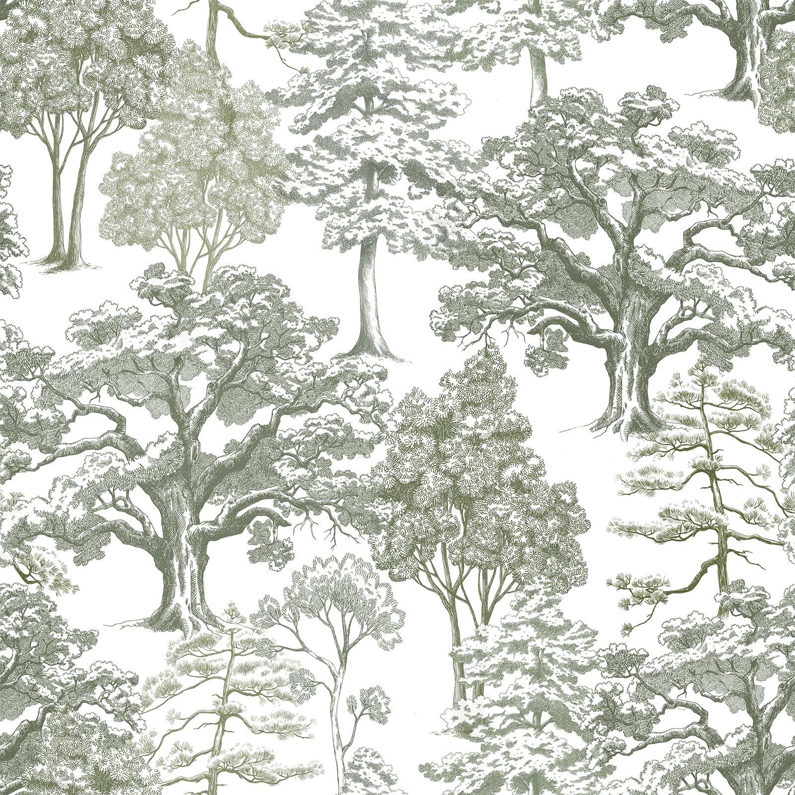 Livelynine Carta da Parati Toile de Jouy Verde Grigio Chiaro 44.5CMx7M Carta Adesiva per Pareti disegni Fantasia Bosco Alberi Grigio Bianco Rivestimento Adesivo per Mobili Fantasia Foresta Piante