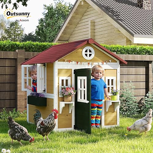 Miniatura 3 de Outsunny Casa de juegos para niños al aire libre, casa de juegos de madera con puertas, ventanas, macetas y cajas para niños pequeños de 3 a 8 años,