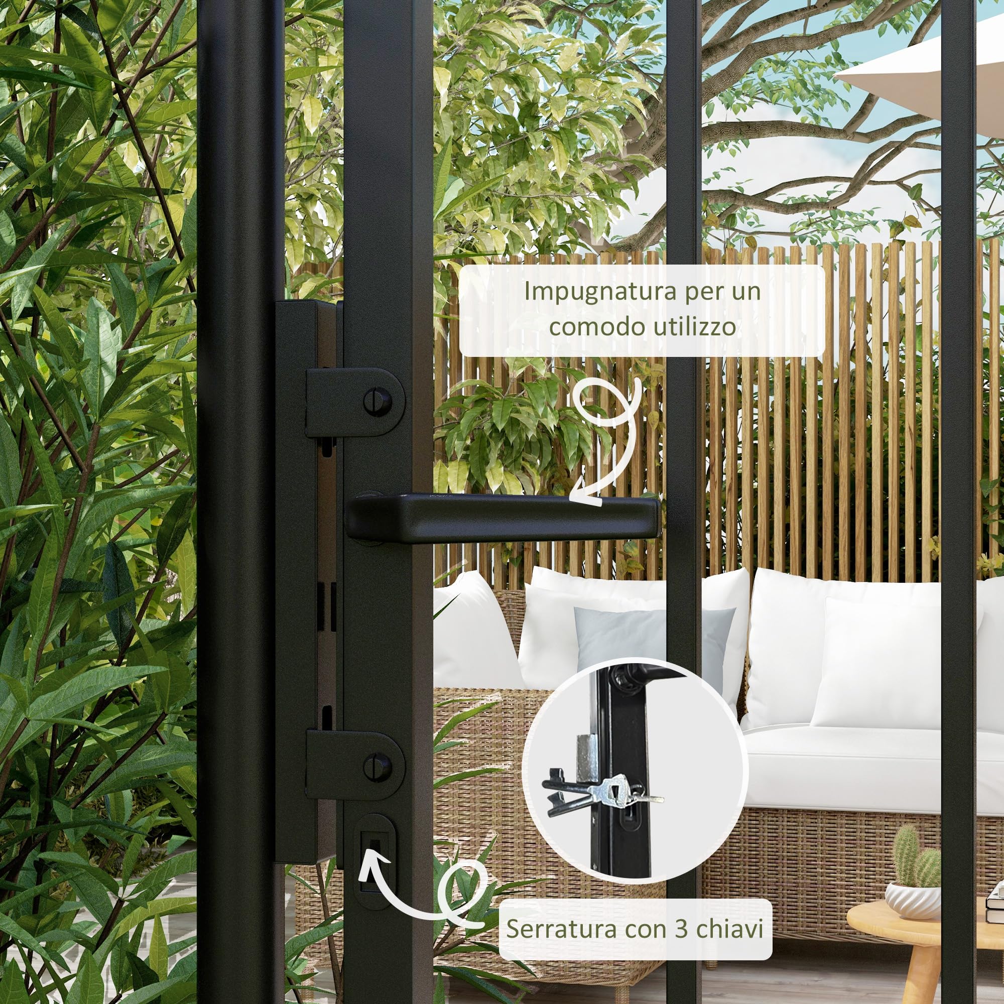 Outsunny Cancelletto da Giardino con Serratura, 3 Chiavi e 2 Paletti da Interrare, Cancello da Esterno in Acciaio Zincato, 107x204 cm, Nero