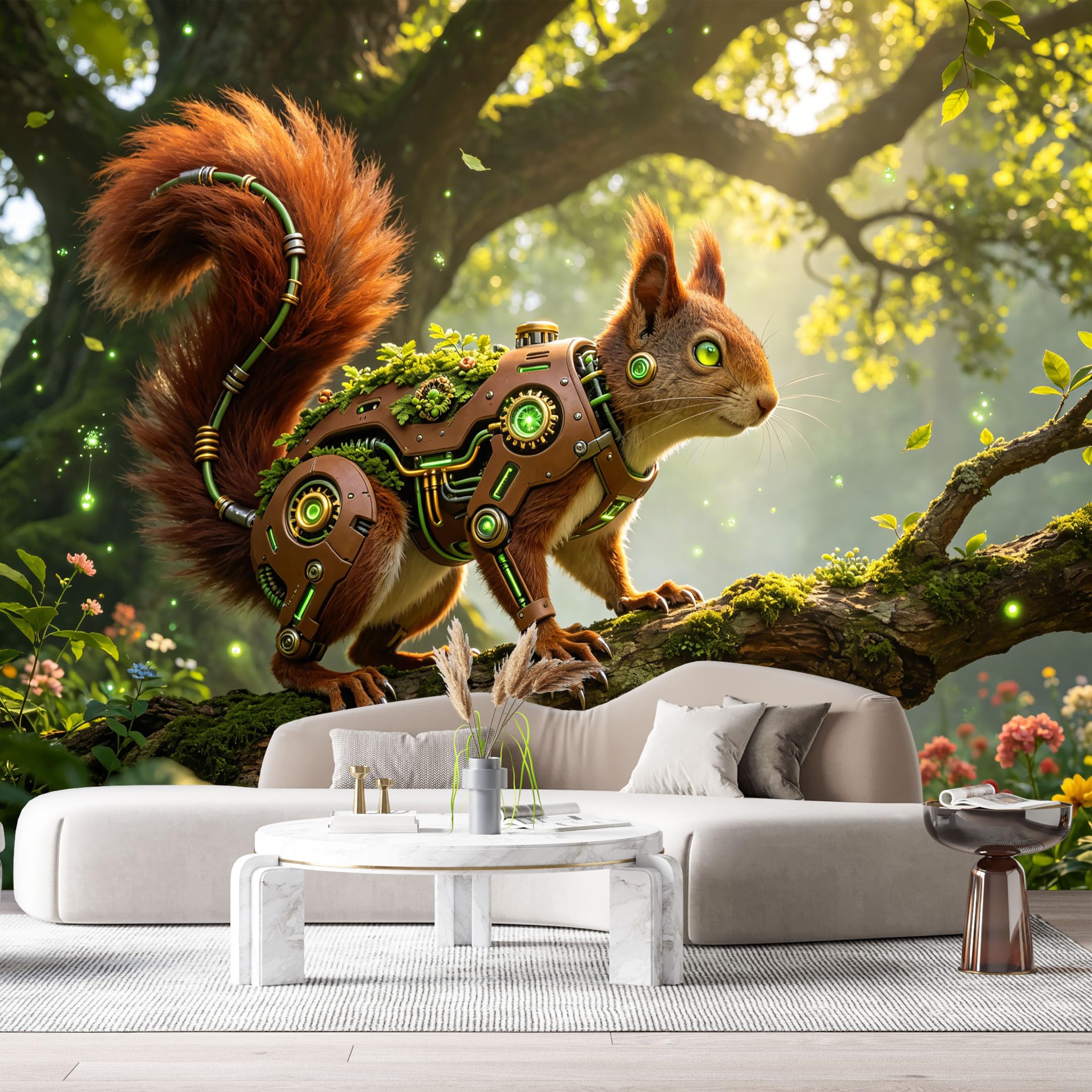 Custom Size Wall Mural Bio Mech Squirrel Forest Cyberpunk Nature Fusion Sci Fi Wildlife 3D Textured Futuristic Style SelfAdhesive Removable Wallpaper Esports Game Room Studio