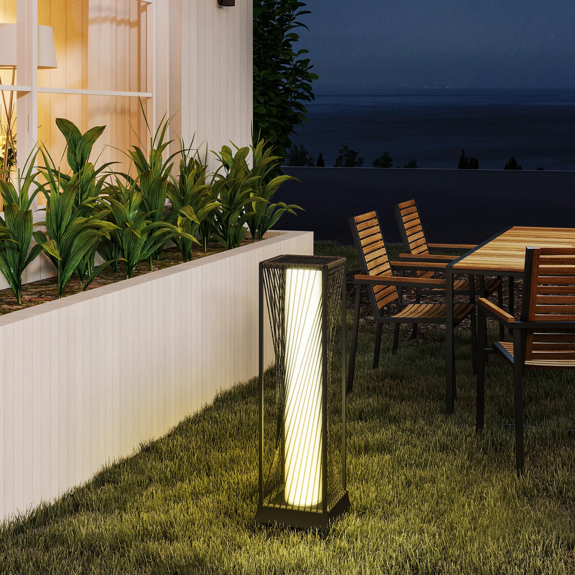 Outsunny Linterna de Jardín de Ratán Sintético Farola Solar con Luces LED Encendido y Apagado Automático Impermeable para Terraza Balcón Patio 22x22x77 cm Gris