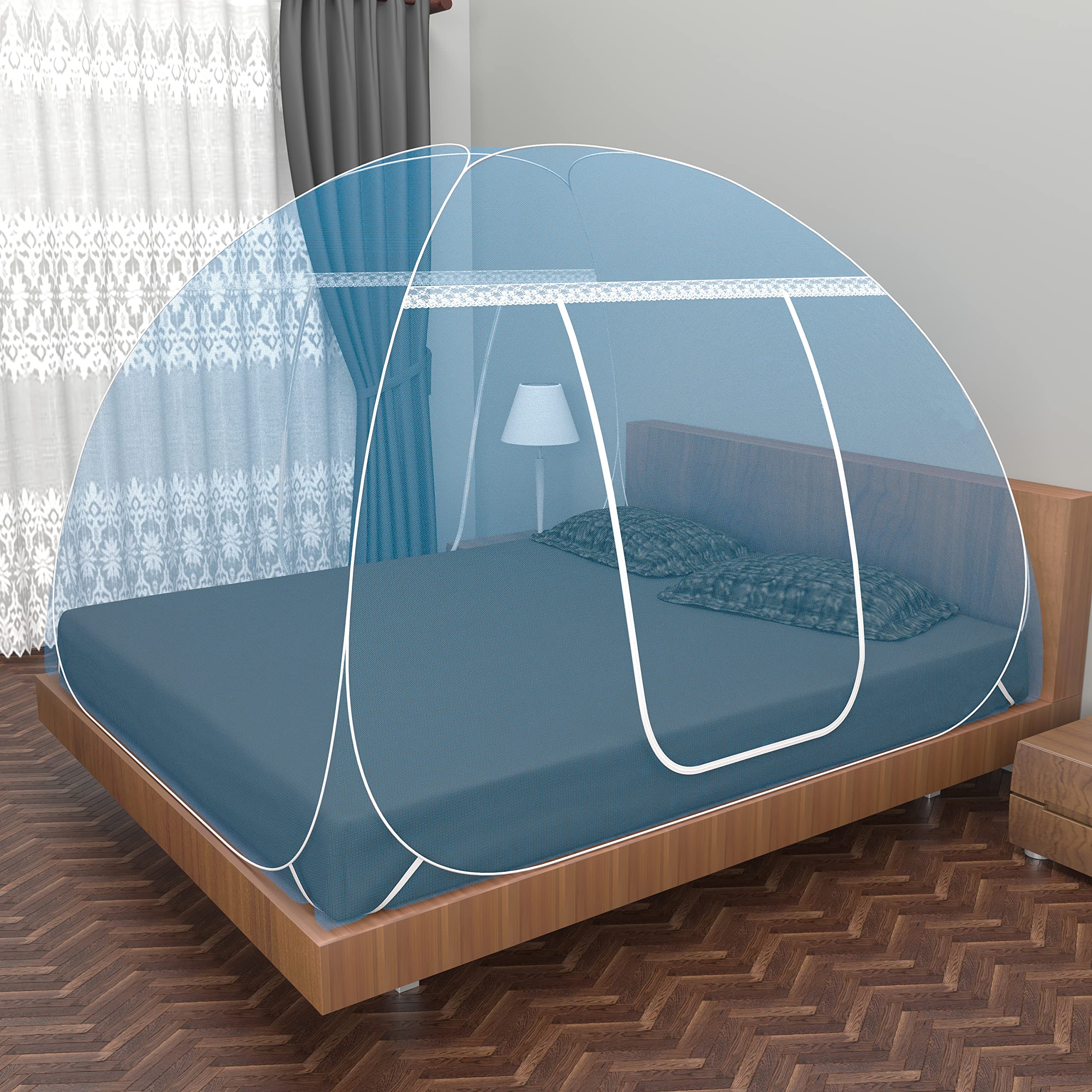 Fegore Premium Mosquito Nets for Double Beds King Size Foldable Machardani Polyester 35GSM Strong Net Noiseless PVC Coated Corrosion Resistant Steel Wire (Size 6 * 6 Ft Color - Blue)