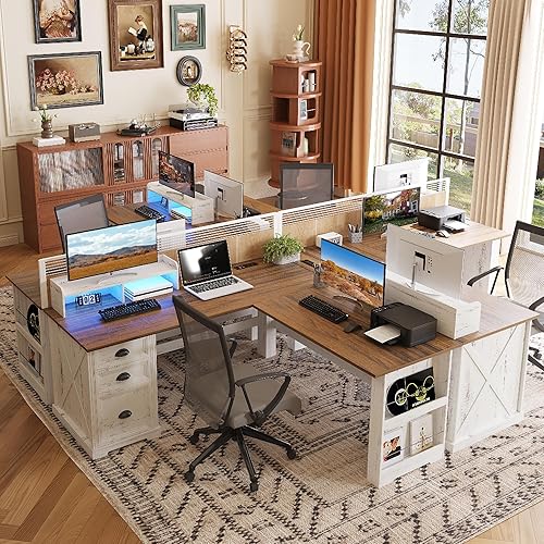 Miniatura 9 de FREDEES Escritorio en forma de L con soporte móvil y luces LED, escritorio de oficina en casa de granja de 59 pulgadas con cajón de archivos,