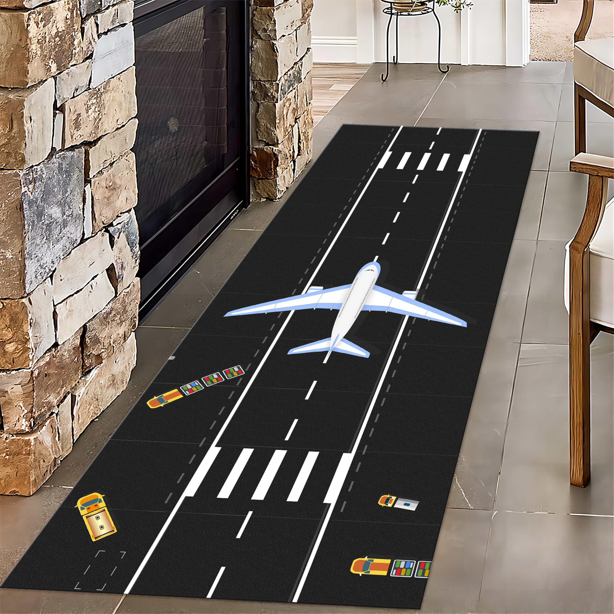 Airport Terminal Kids Rugs, 2.6x7ft, Shuttle Bus Aircraft Entryway Throw Carpet, Nursery Decor Rubber Backed Anti-Slip Area Rug, Soft Non-Shedding
