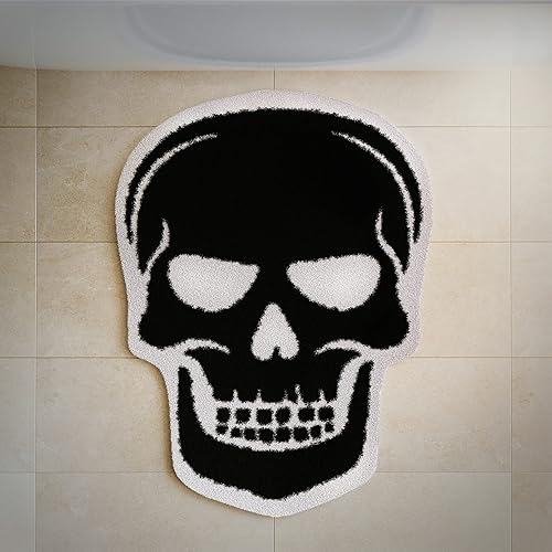 Tapete de baño con diseño de calavera, gótico blanco y negro, antideslizante, absorbente, de microfibra, para decoración de baño de Halloween, hogar