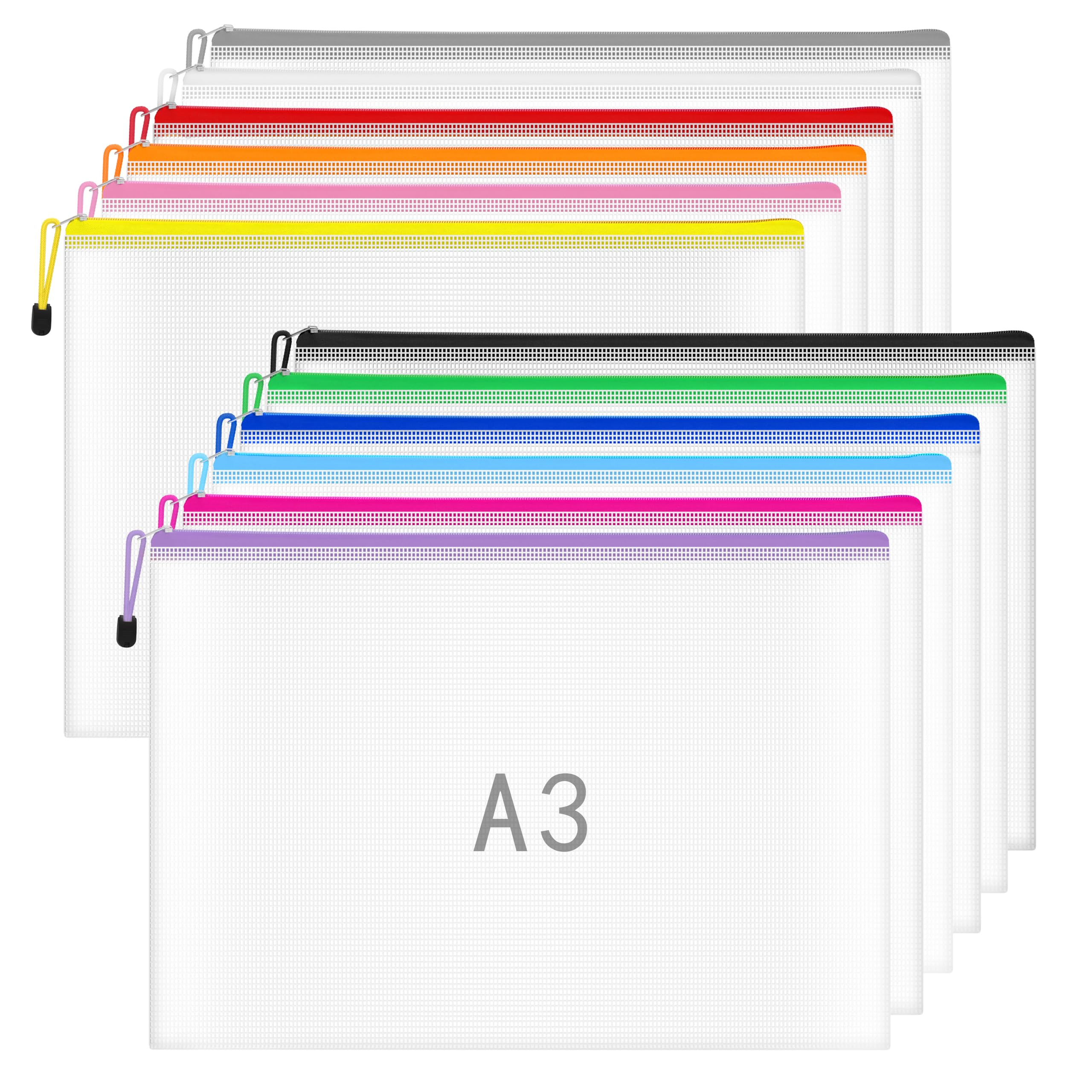 Sponsored Ad – A3 Zip Wallets Plastic Wallet A3 Document Folder Zipper Bags Large Ziplock Bag Mesh Zip Bag for School Office Travel Storage - 12 Colours