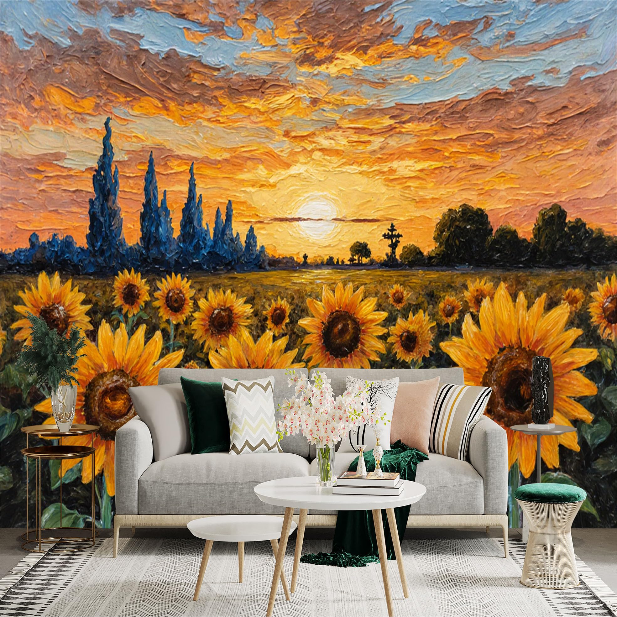 Custom Size Wall Sticker Mural， Sunflower Field Landscape with Sunset Sky and Trees， for wall Decoration， peelandstick wall Decals.
