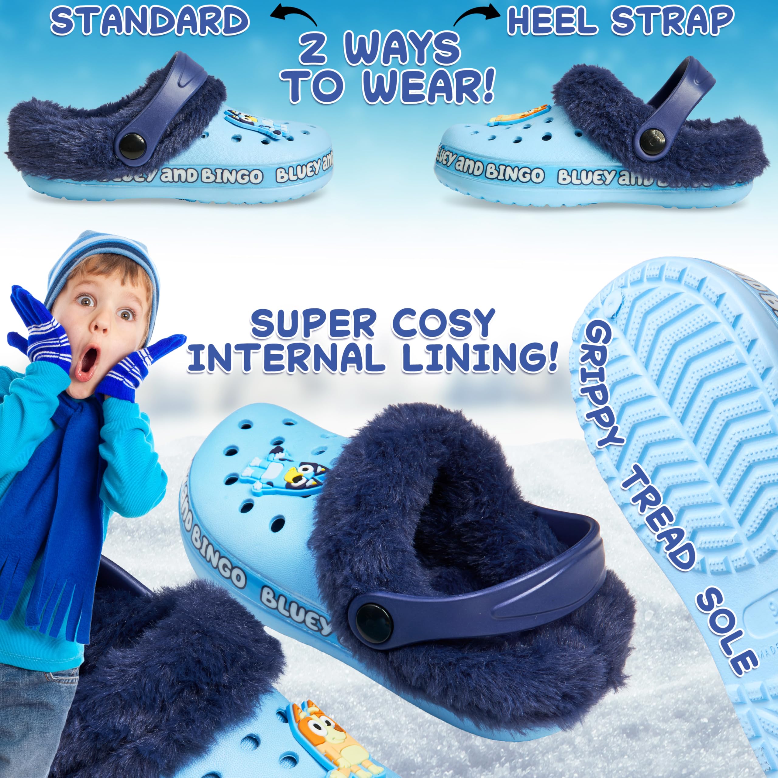 Bluey Zuecos Niña y Bebé con Forro de Invierno y Detalles Decorativos, Bingo Zapatos Antideslizantes sin Cordones con Correa