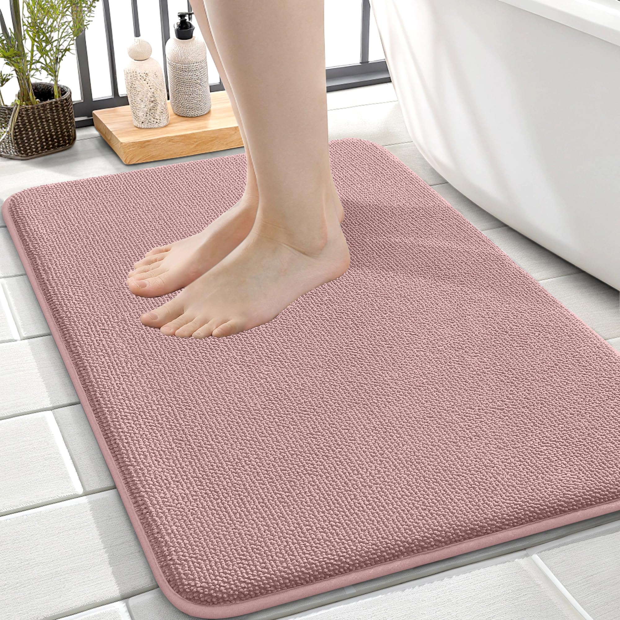 OLANLY Memory Foam Small Bathroom Rug 24x16, Absorbent Bath Mat, Dusty Rose