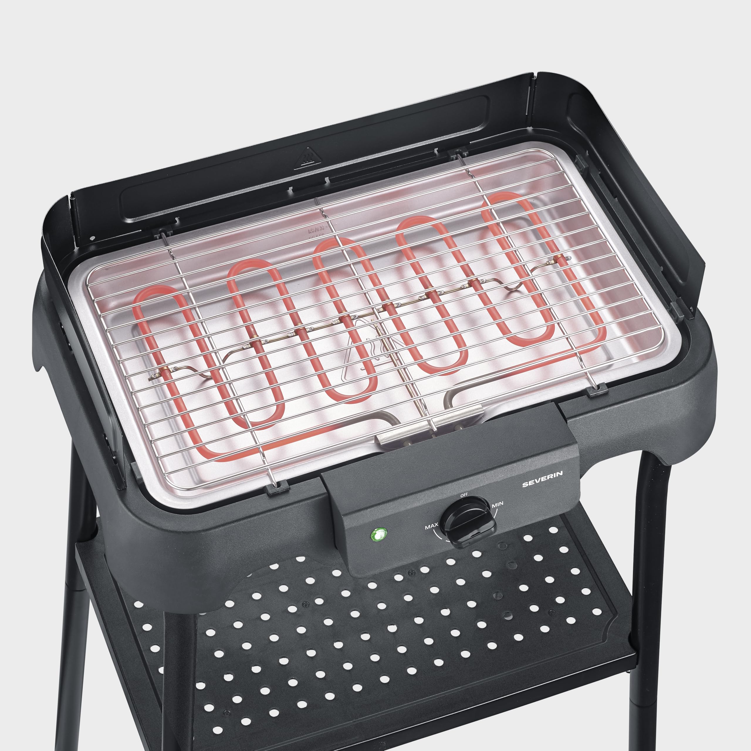 Severin Barbecue elettrico con supporto, temperatura regolabile 35-200 gradi Celsius, riscaldamento rapido, 38 x 22 cm, griglia da tavolo con vassoio di raccolta, griglia in acciaio inox, griglia da