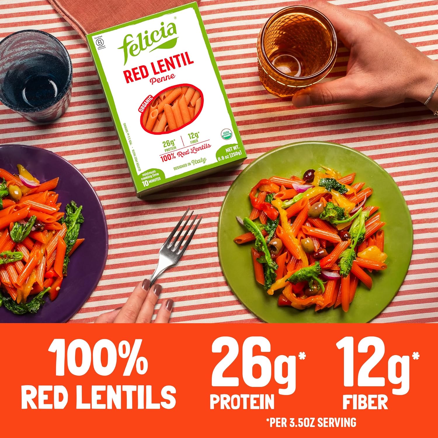 Felicia Gluten Free Pasta, Red Lentil Penne, 26G Protein per Serving, Organic High Protein and Fiber Noodles, Designed in Italy, Plant Based, Made From 100% Lentils, Non GMO, 8.8 Oz, 6 Boxes